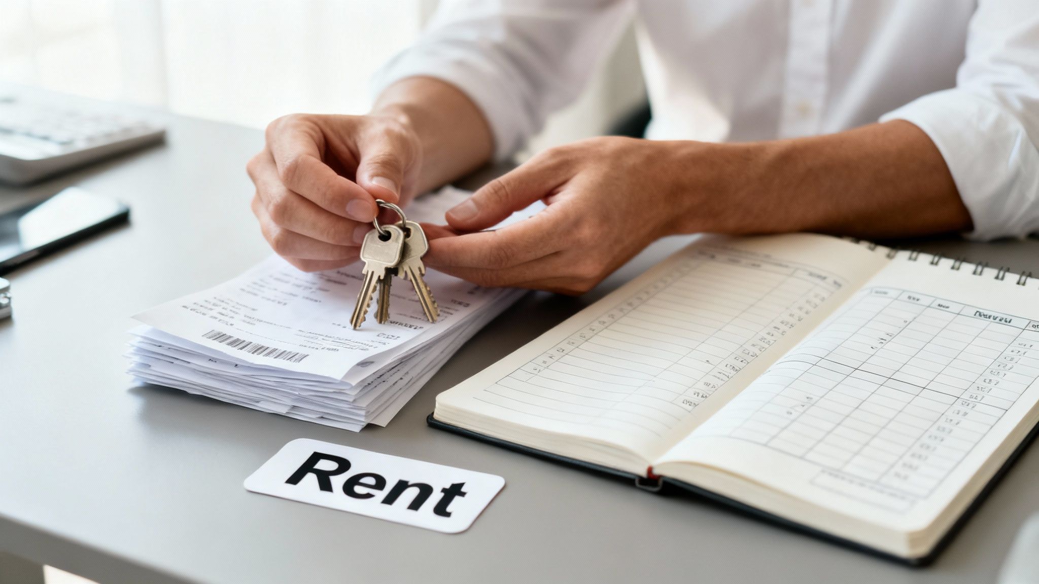 ידיים מחזיקות מפתחות דירה מעל מסמכים ופנקס חשבונות עם שלט שכירות על שולחן