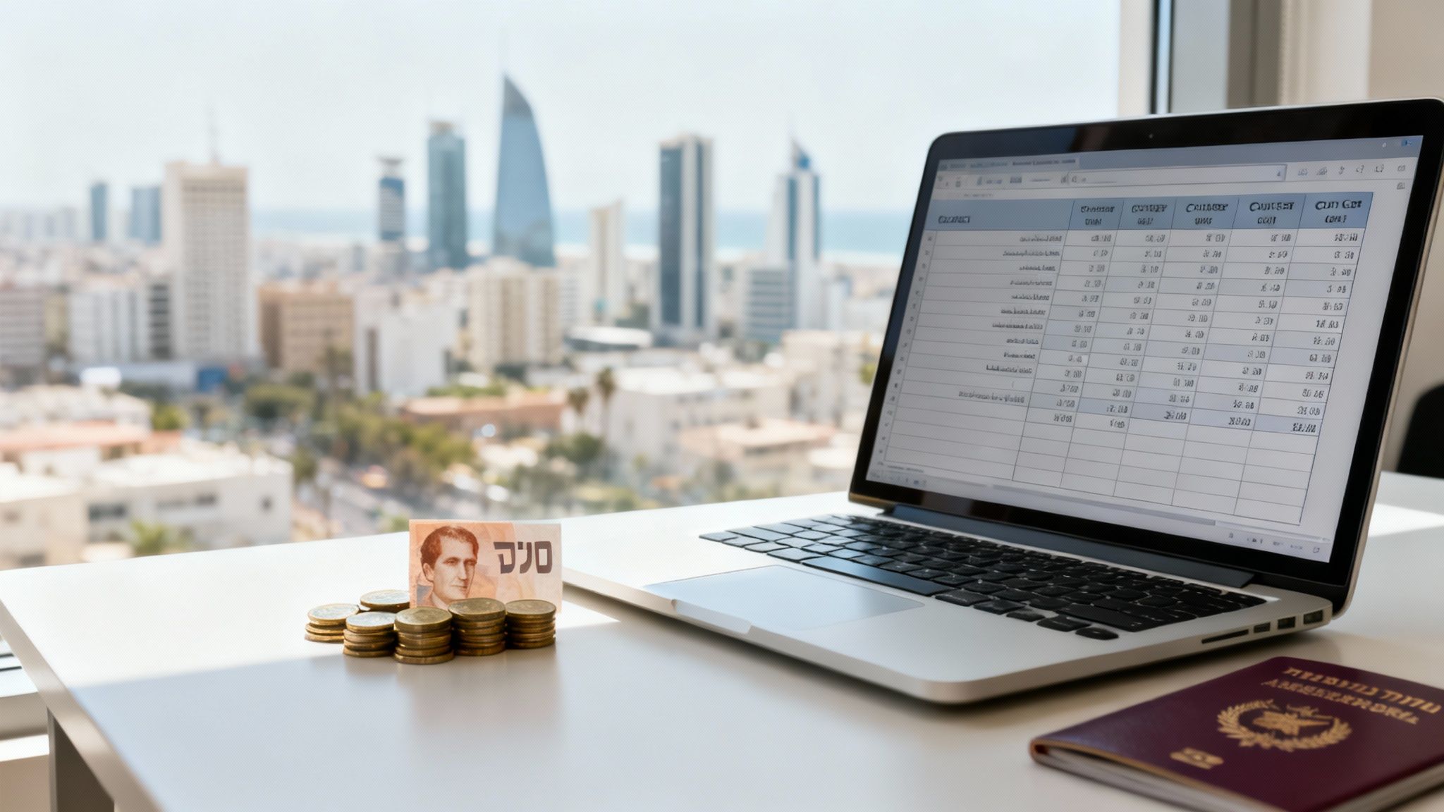A laptop with a spreadsheet, stacks of coins, an Israeli shekel, and a passport on a desk overlooking a city skyline.