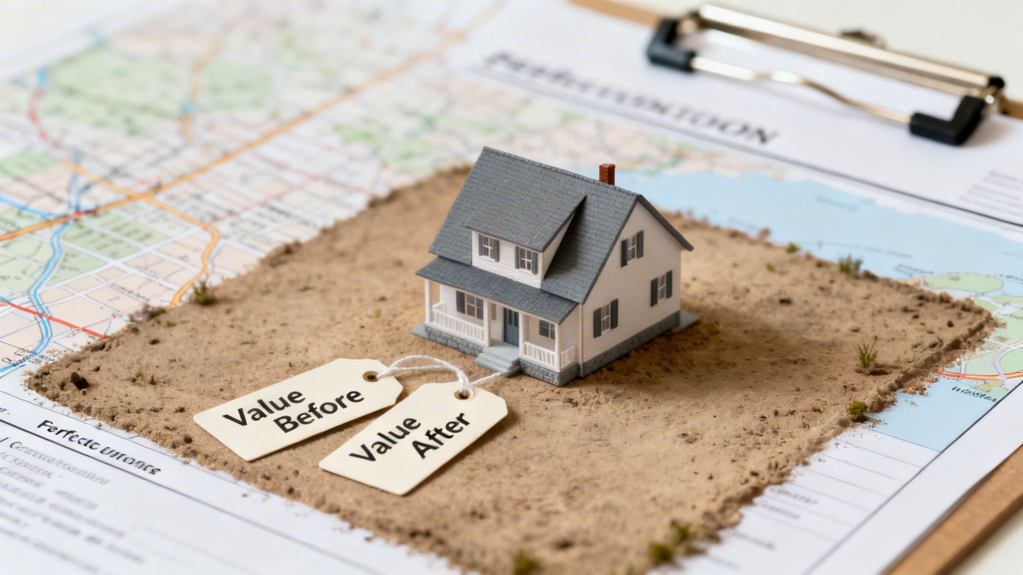 A miniature house on a sandy plot with 'Value Before' and 'Value After' tags, symbolizing property valuation on a map.