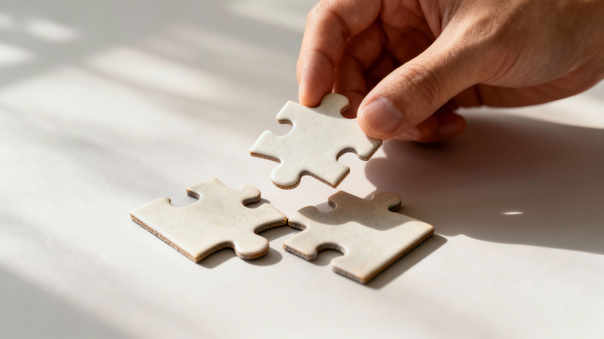 A hand places a white puzzle piece, connecting it with two others on a light surface, symbolizing collaboration.