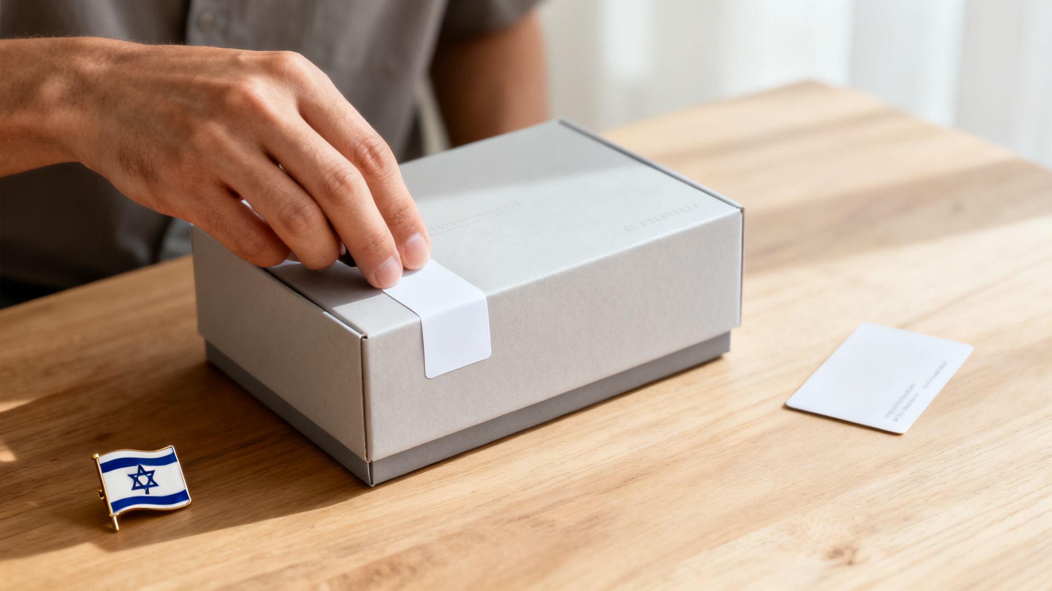 A person's hands open a light grey box on a wooden table, with an Israeli flag pin nearby.