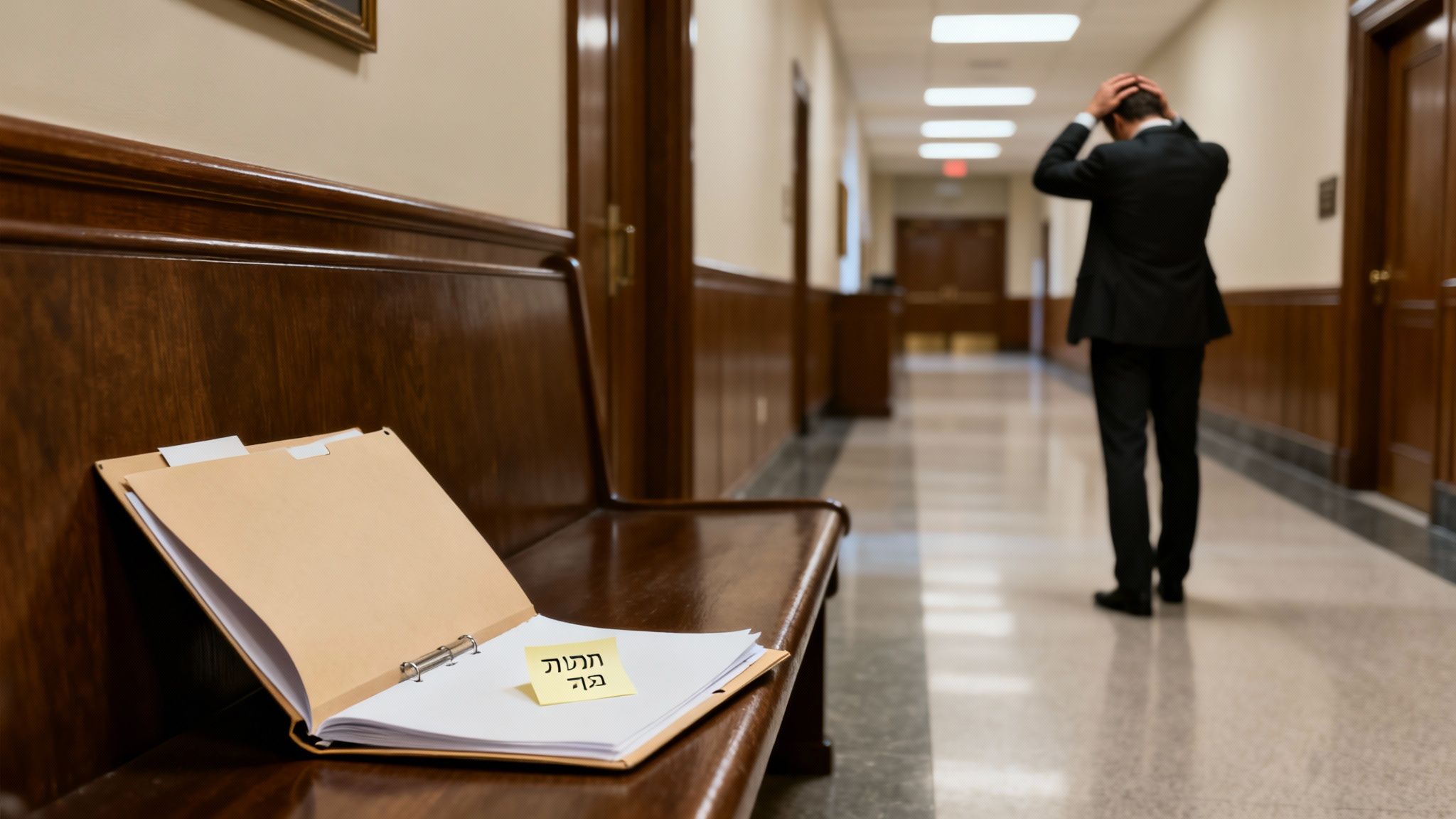 תיק משפטי פתוח עם פתק תזכורת על ספסל במסדרון בית משפט, כשברקע עורך דין לחוץ.