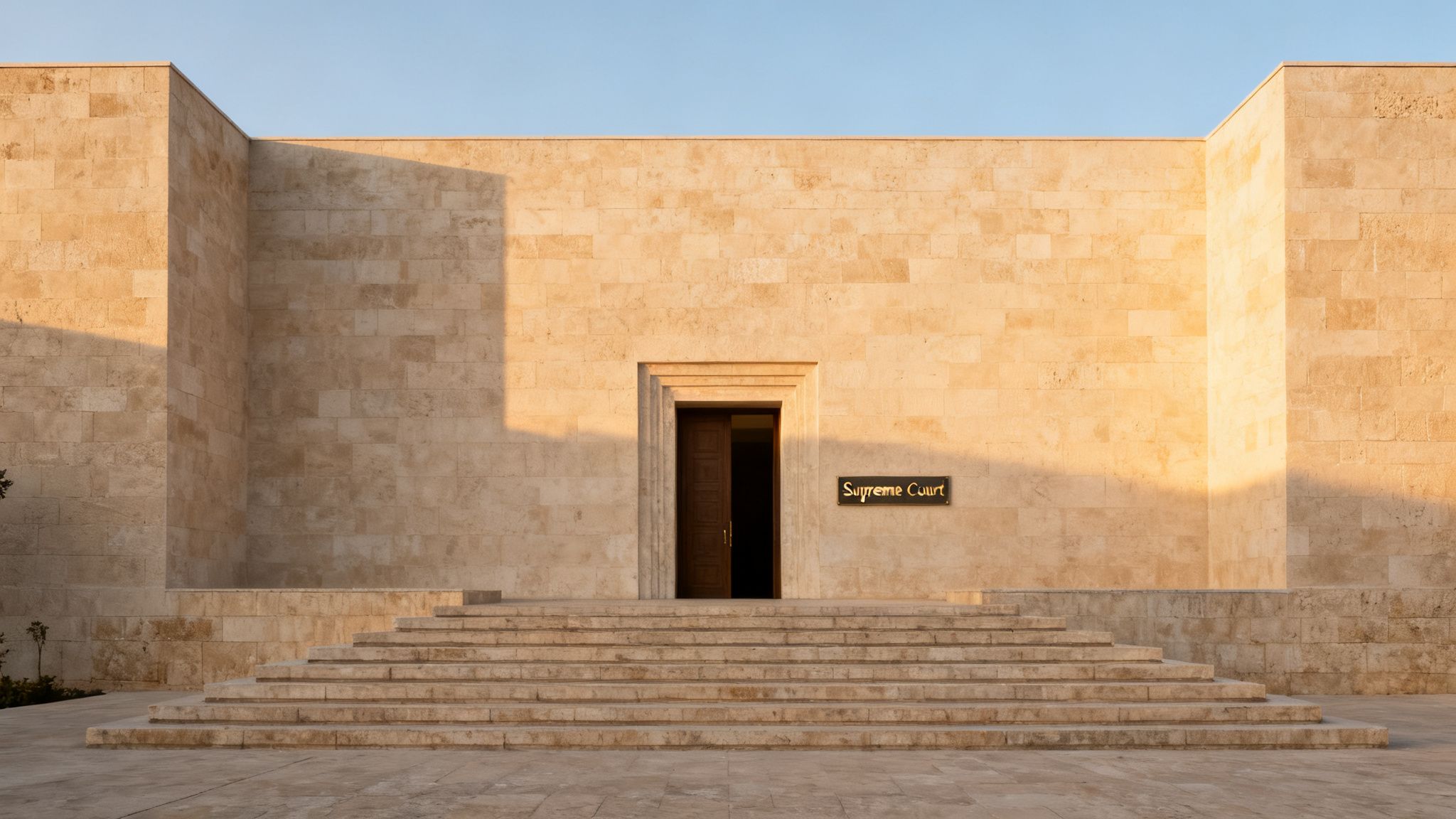 A grand stone building entrance with steps leading to a wooden door, labeled 'Supreme Court'.