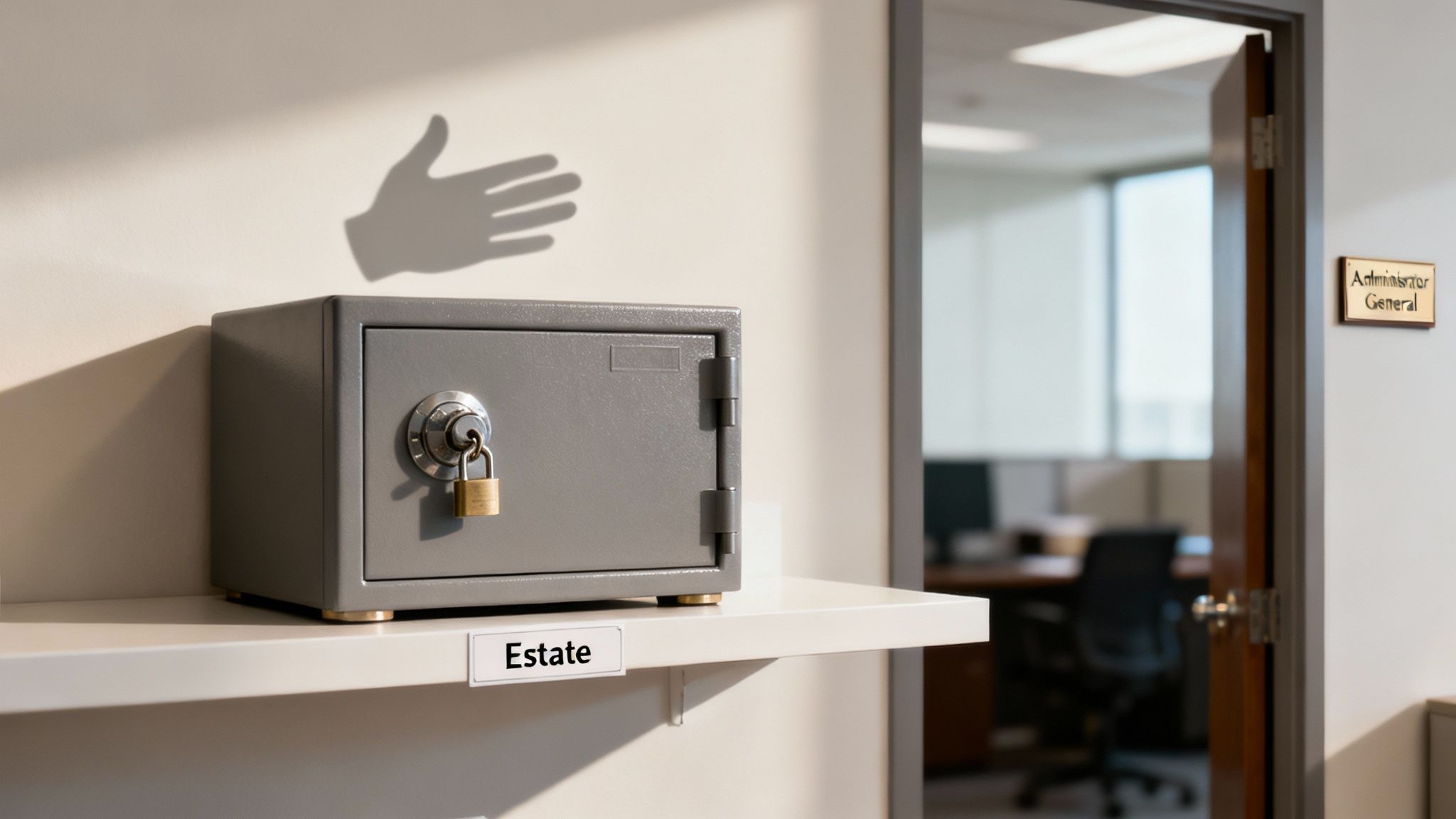 A grey safe with a padlock on a shelf beneath a hand shadow, labeled 'Estate'.