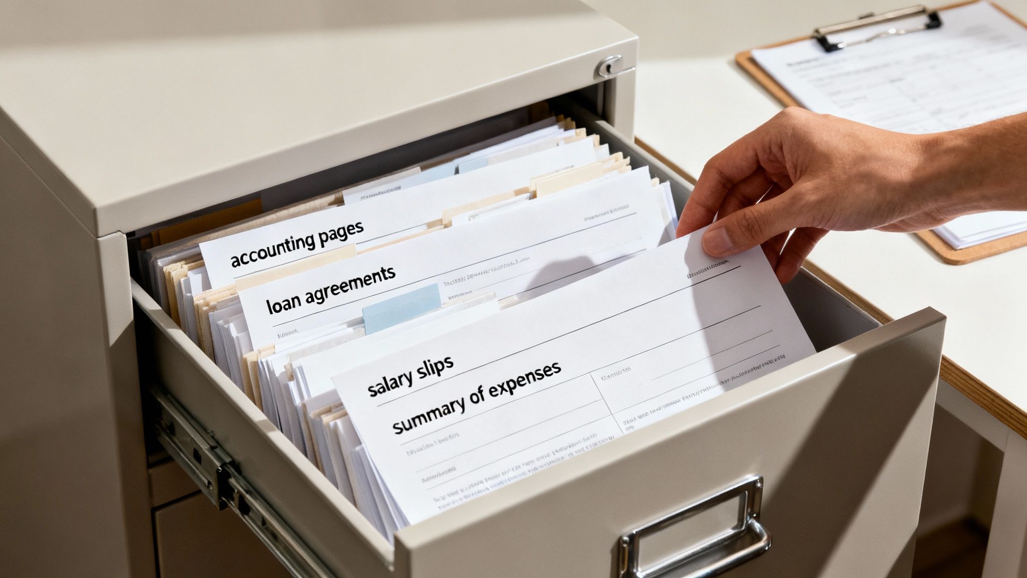 מגירת ארון תיוק פתוחה עם מסמכים מסווגים כמו דפי חשבונאות, הסכמי הלוואה ותלושי שכר.