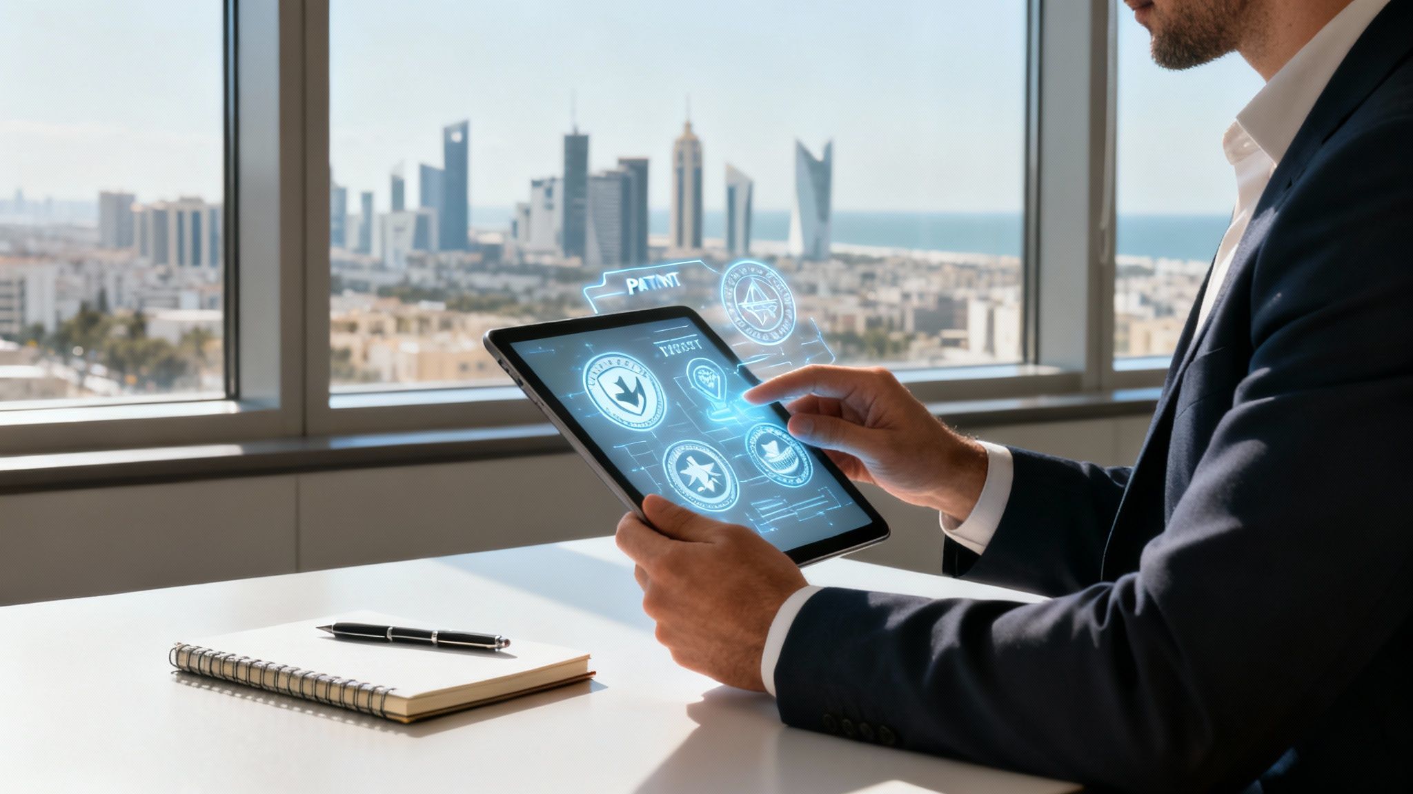 Man in suit interacting with holographic patent icons on a tablet in a modern office with a city view.