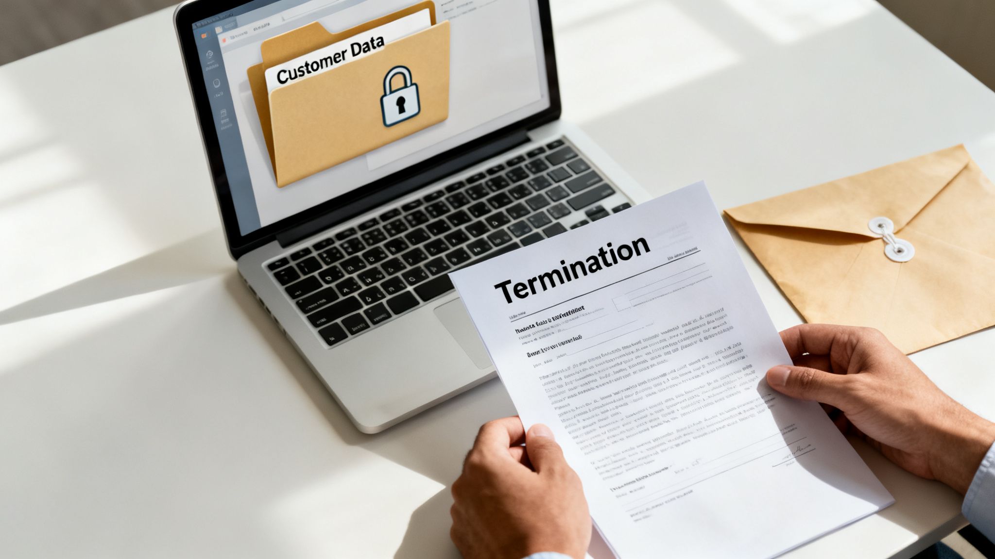 A person holds a 'Termination' document, with a laptop displaying 'Customer Data' and a padlock icon.