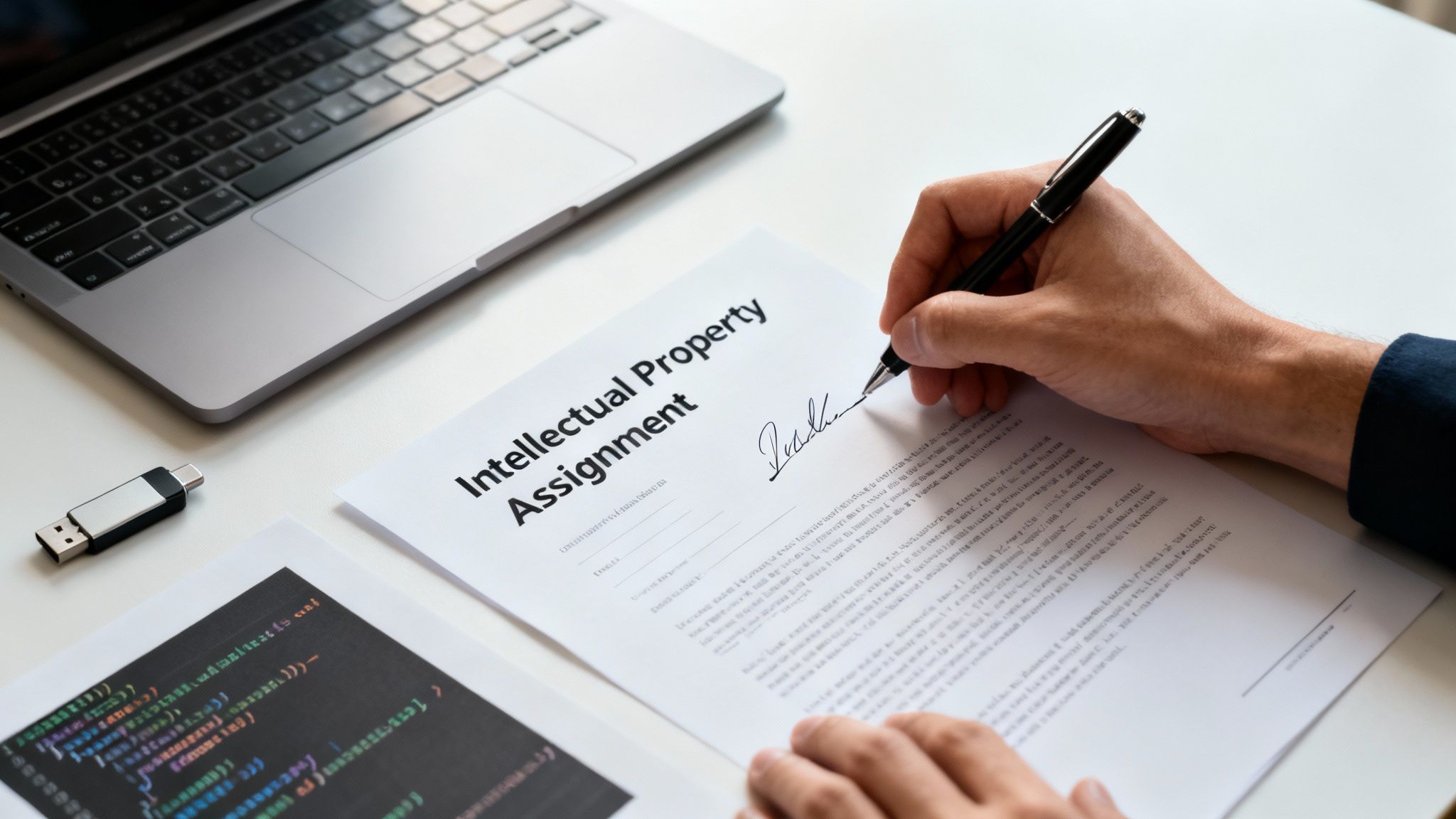 A hand signs an 'Intellectual Property Assignment' document on a desk with a laptop and USB drive.