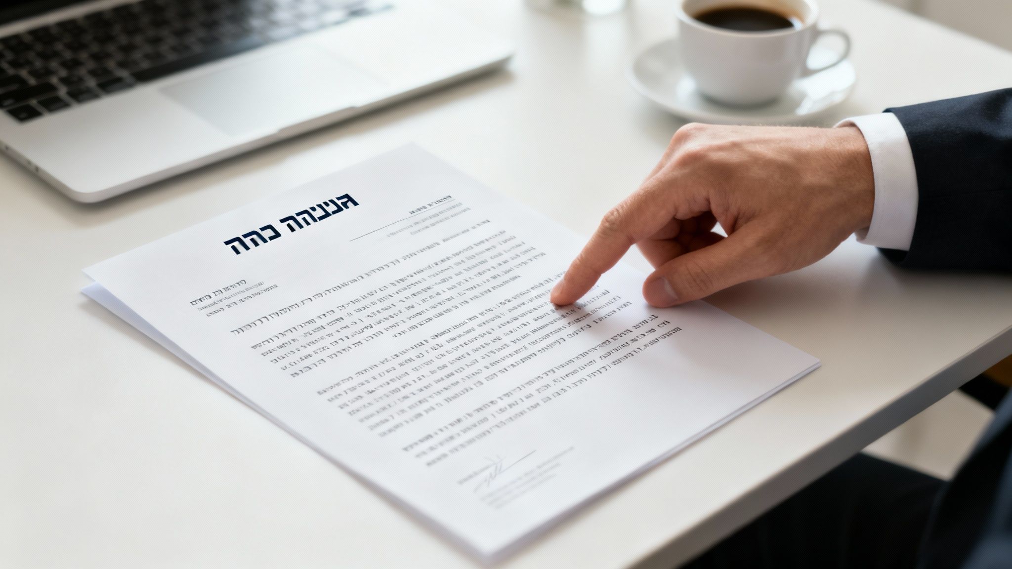 יד של גבר מצביעה על מסמך בעברית על שולחן, עם מחשב נייד וקפה ברקע.
