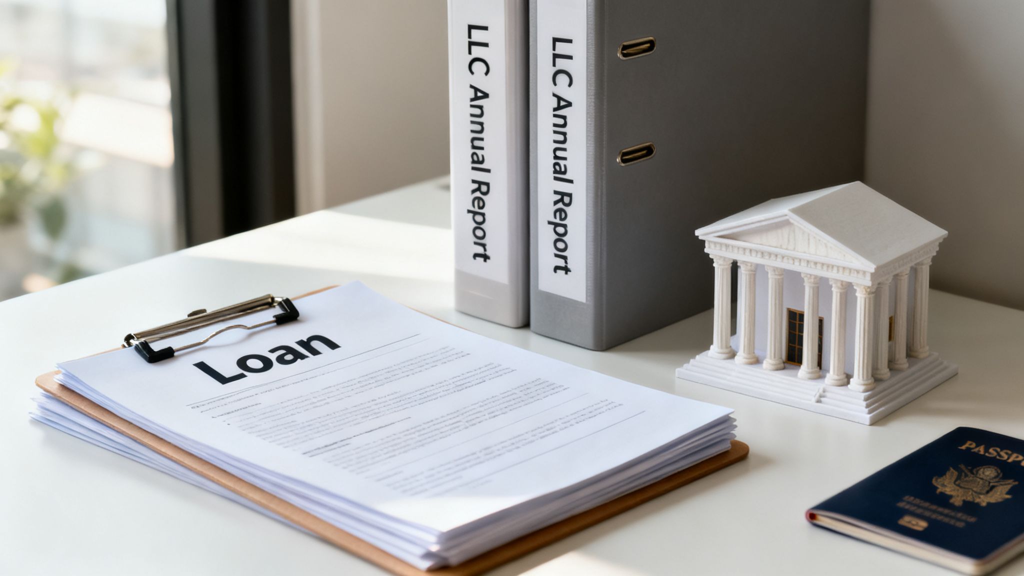 Desk with a 'Loan' document, LLC annual reports, a miniature bank model, and a passport.