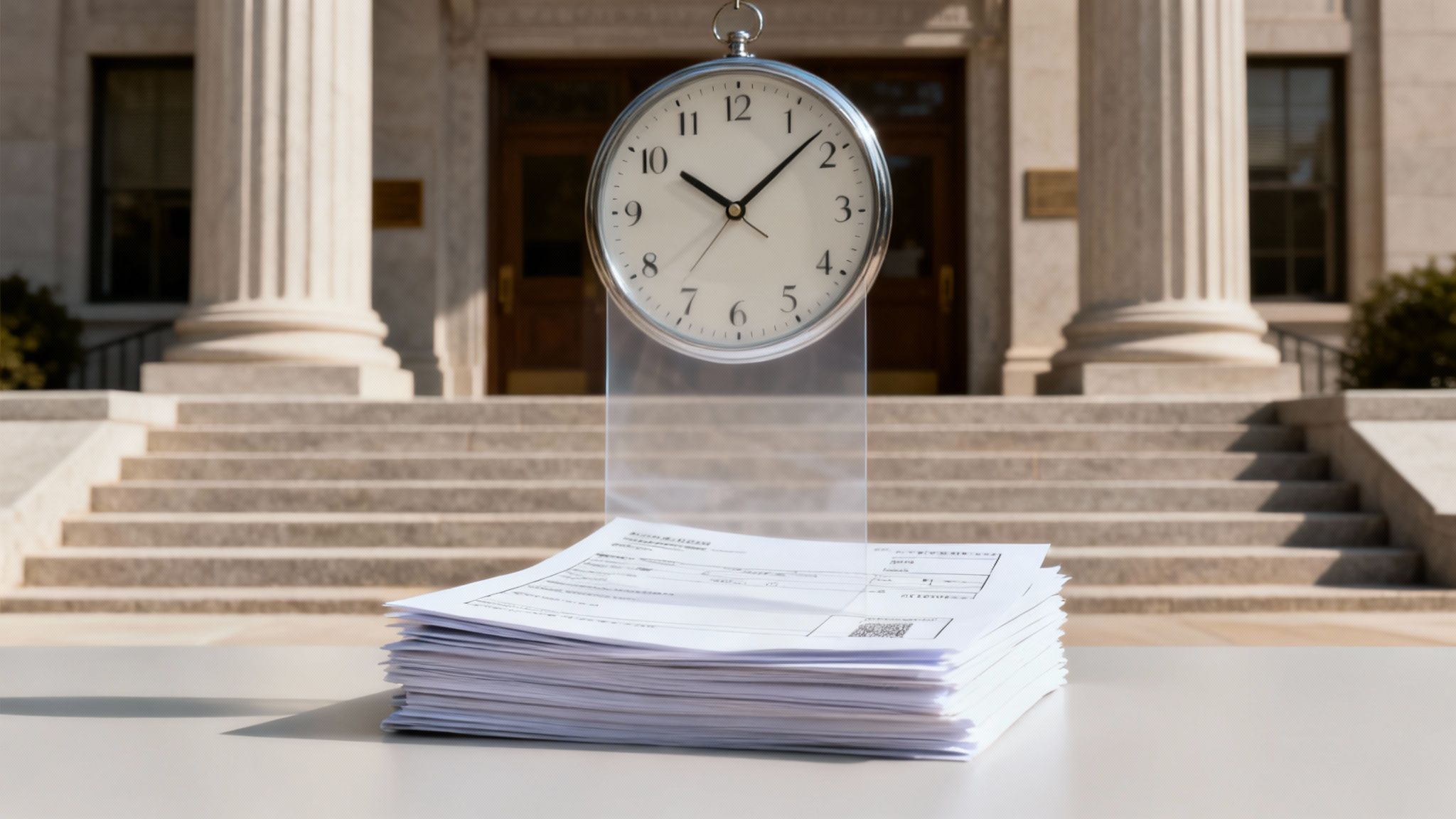 A stack of legal documents and a large clock in front of a government building with columns.