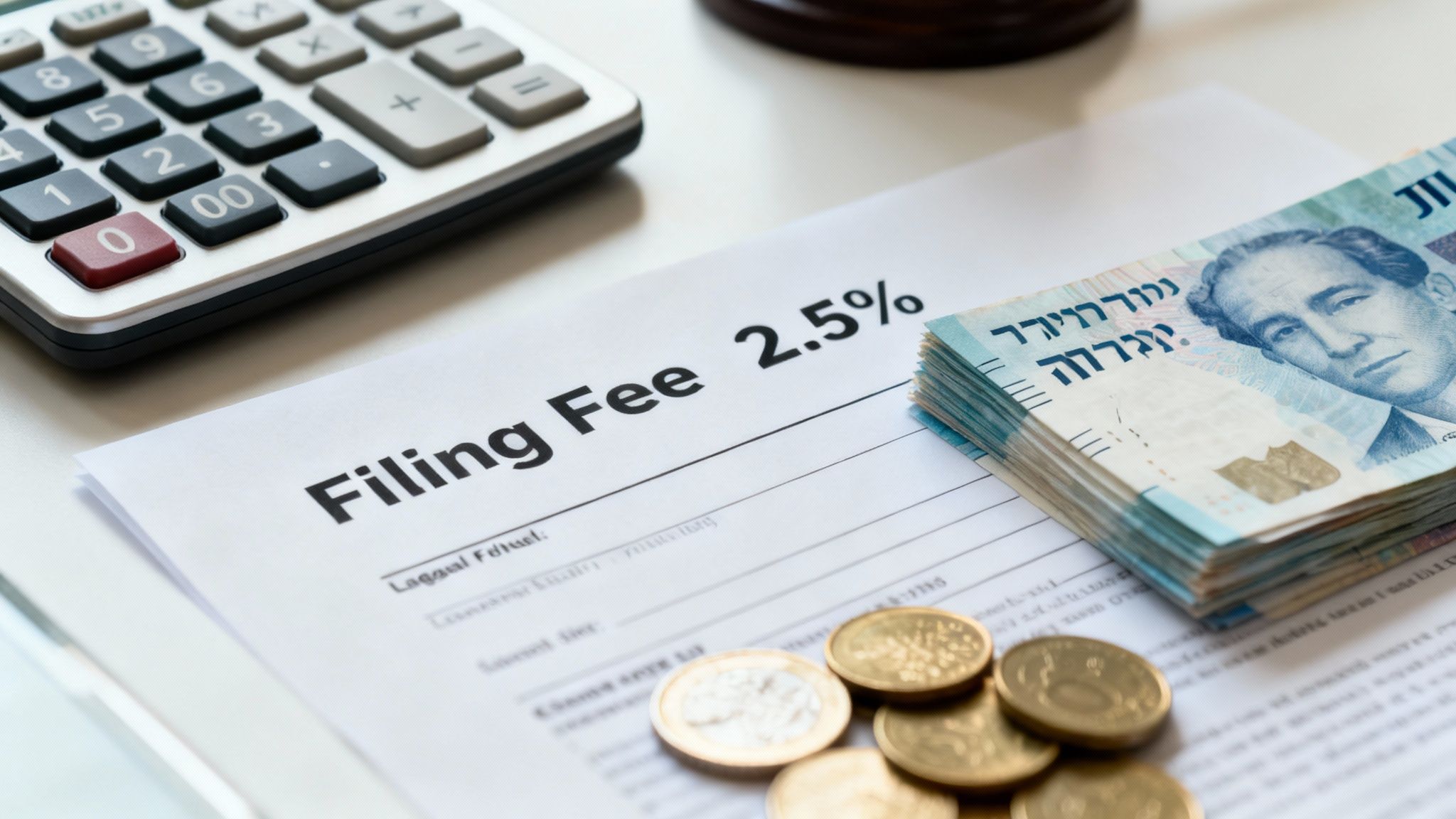 A document displaying 'Filing Fee 2.5%' with Israeli shekel banknotes, coins, and a calculator.