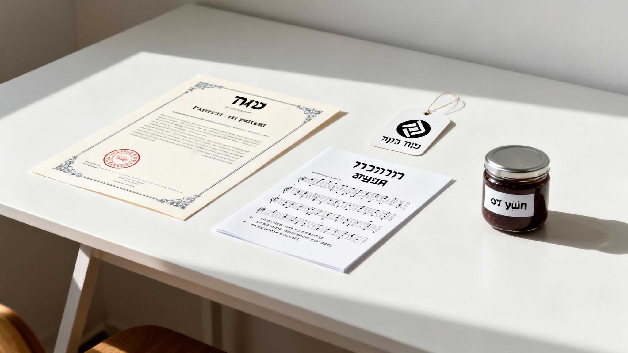 פריטי קניין רוחני הכוללים תעודת פטנט, דף תווים מוזיקליים ותווית ממותגת על שולחן לבן.