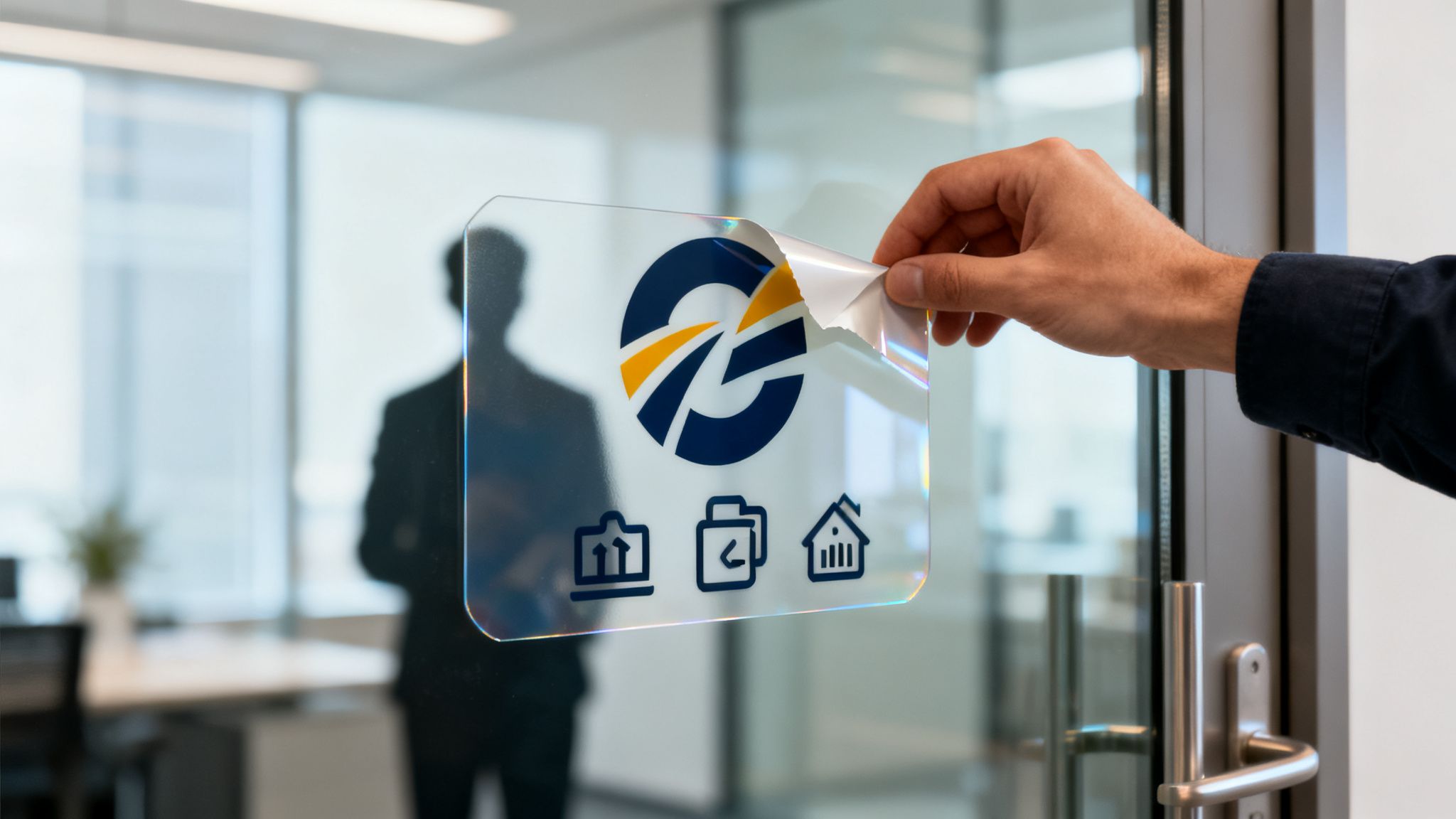 A hand peels a clear logo sticker with three icons from a glass office door.