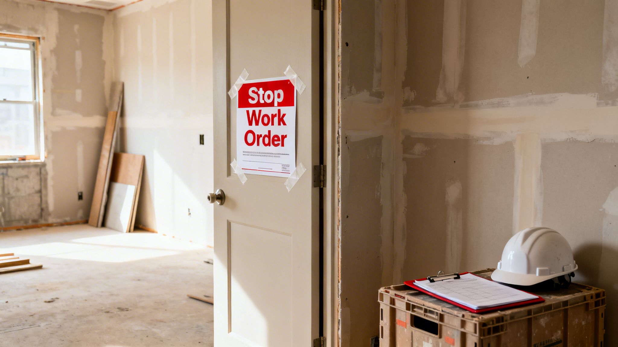 An unfinished room with a 'Stop Work Order' sign on a door, a hard hat, and clipboard.