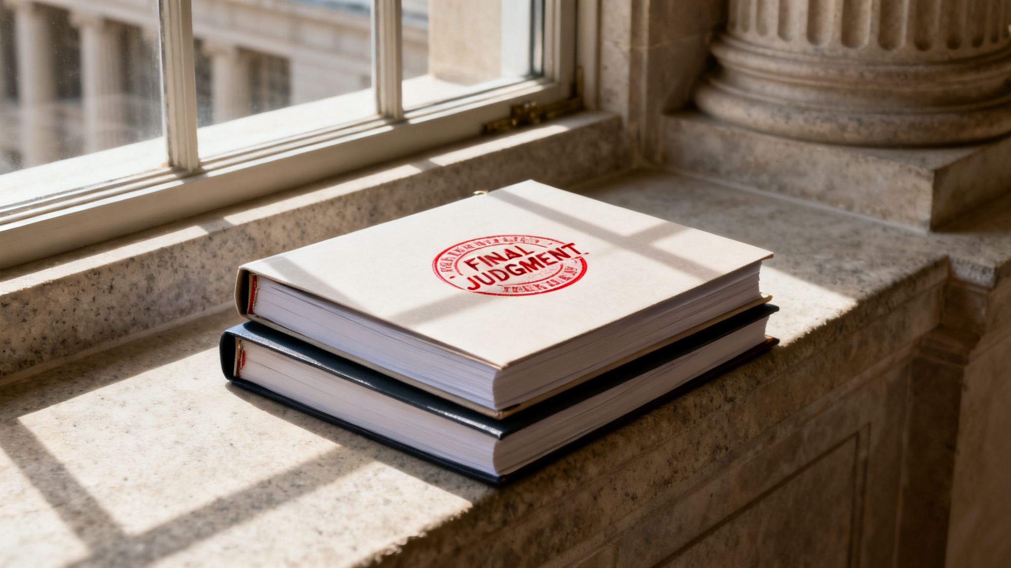 Two legal books, one stamped 'Final Judgment,' rest on a sunlit marble windowsill near a column.