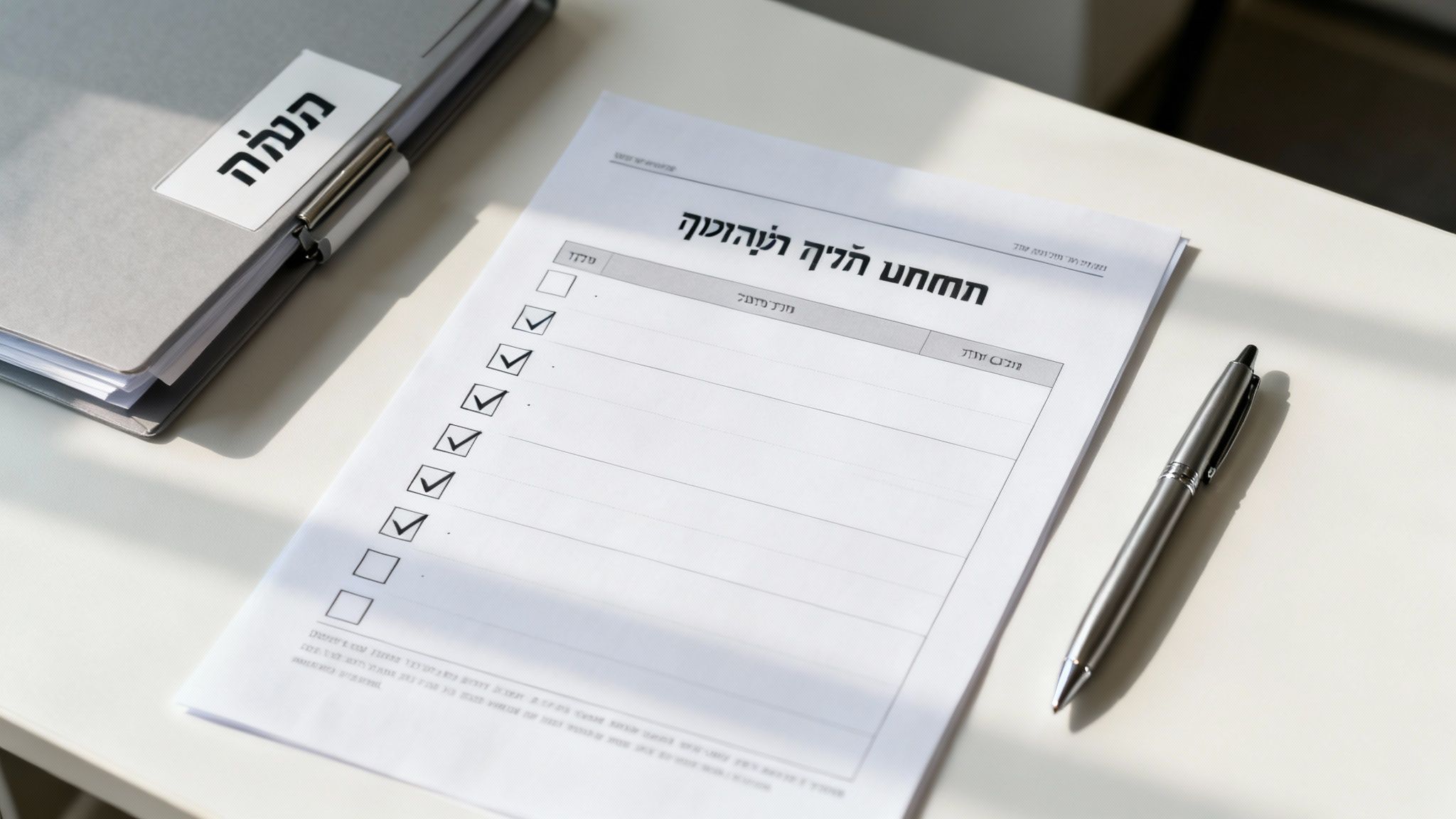 מסמך רשמי עם רשימת בדיקה וריבועים מסומנים, מונח לצד עט כסף ותיקייה עם הכיתוב 'הנהלה' על שולחן בהיר.