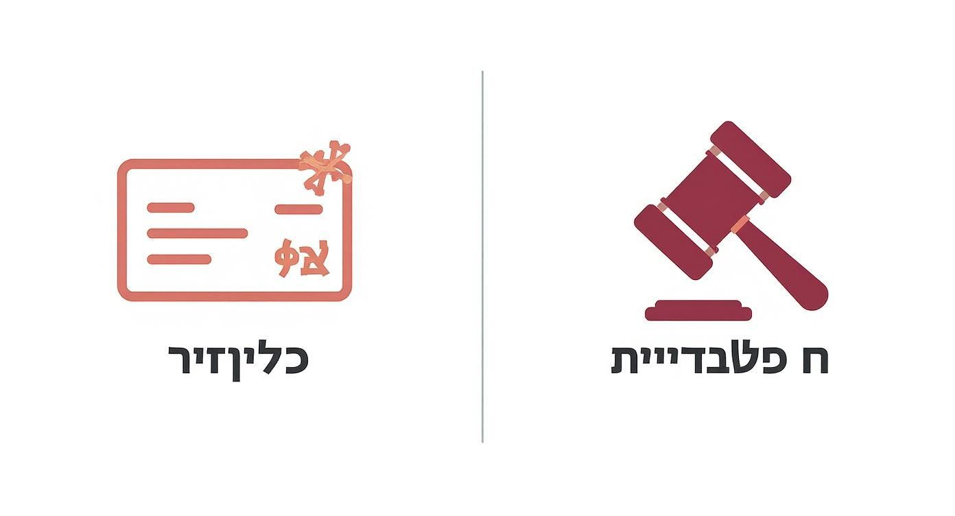 איור המציג צ'ק או מסמך פיננסי ופטיש שופטים, המייצגים סוגיות פיננסיות ומשפטיות.