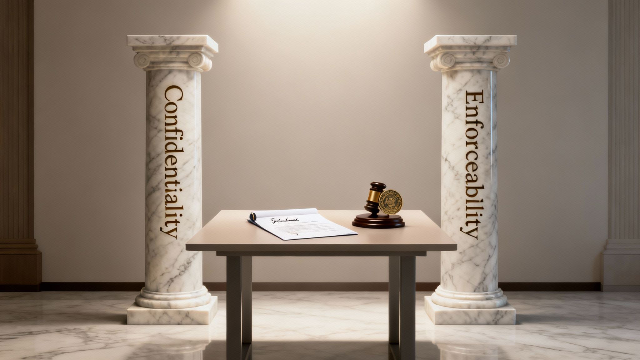 Two marble pillars labeled 'Confidentiality' and 'Enforceability' flank a table with a contract and gavel, representing legal concepts.