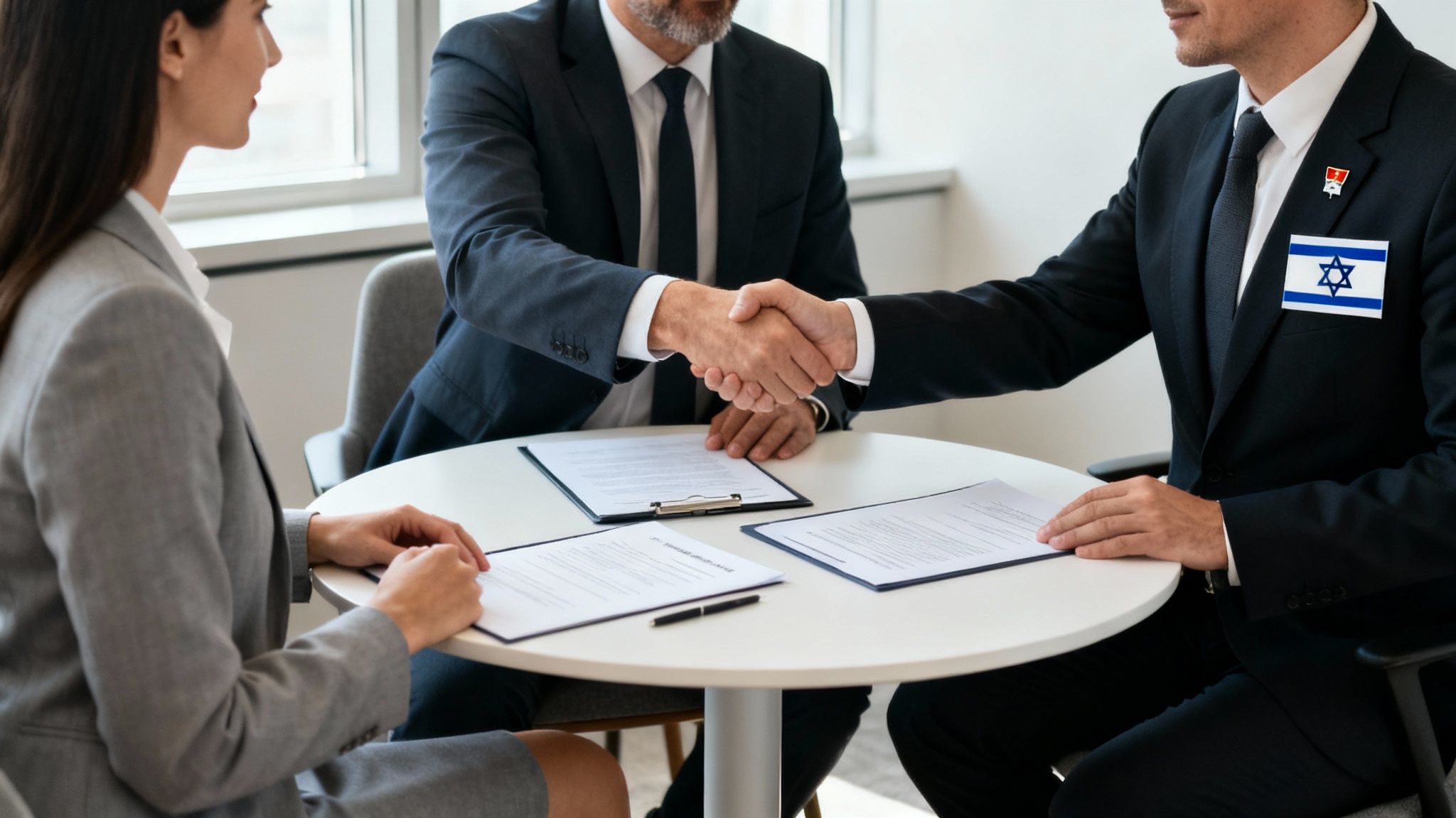 Two businessmen shaking hands across a table with documents, one wearing an Israeli flag.