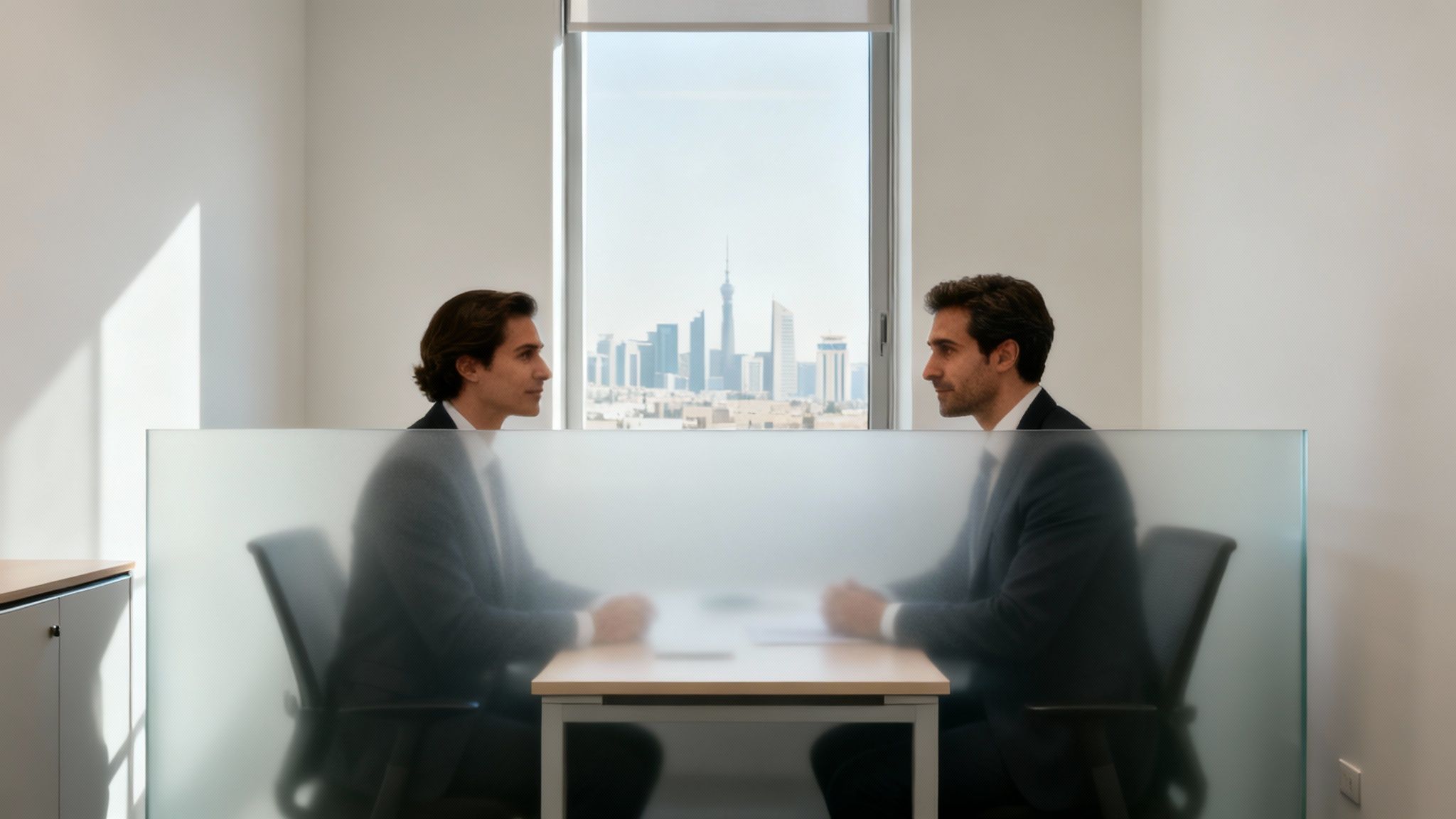 Two businessmen in suits sit facing each other at a desk in an office with a city view.