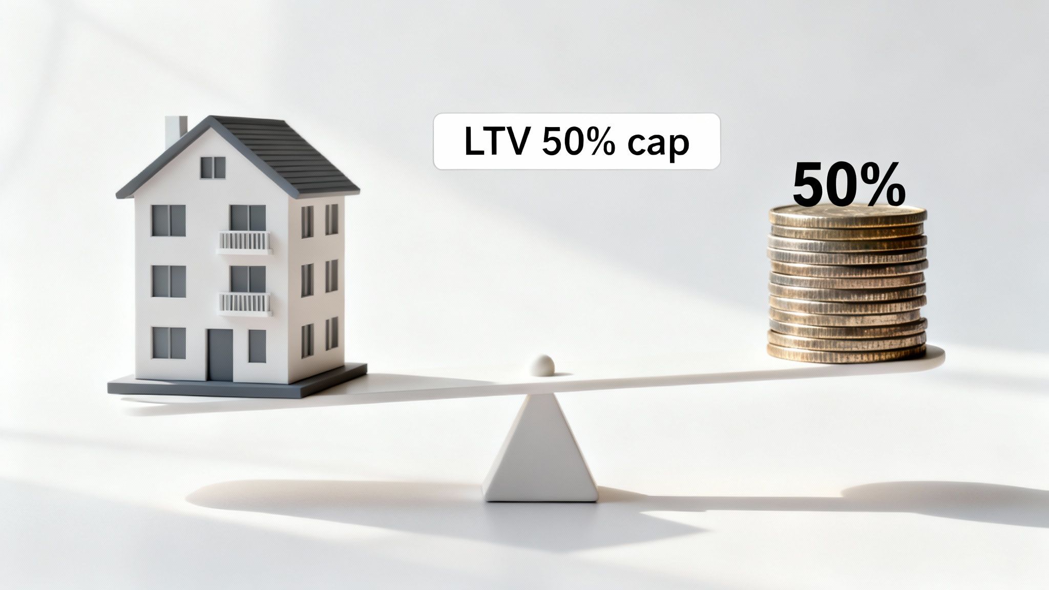 A model house and stack of coins on a scale, illustrating an LTV 50% cap.