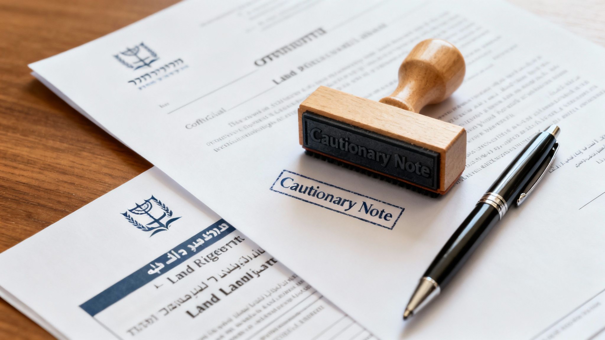 Official documents in Hebrew, Arabic, and English with a 'Cautionary Note' stamp and a pen.
