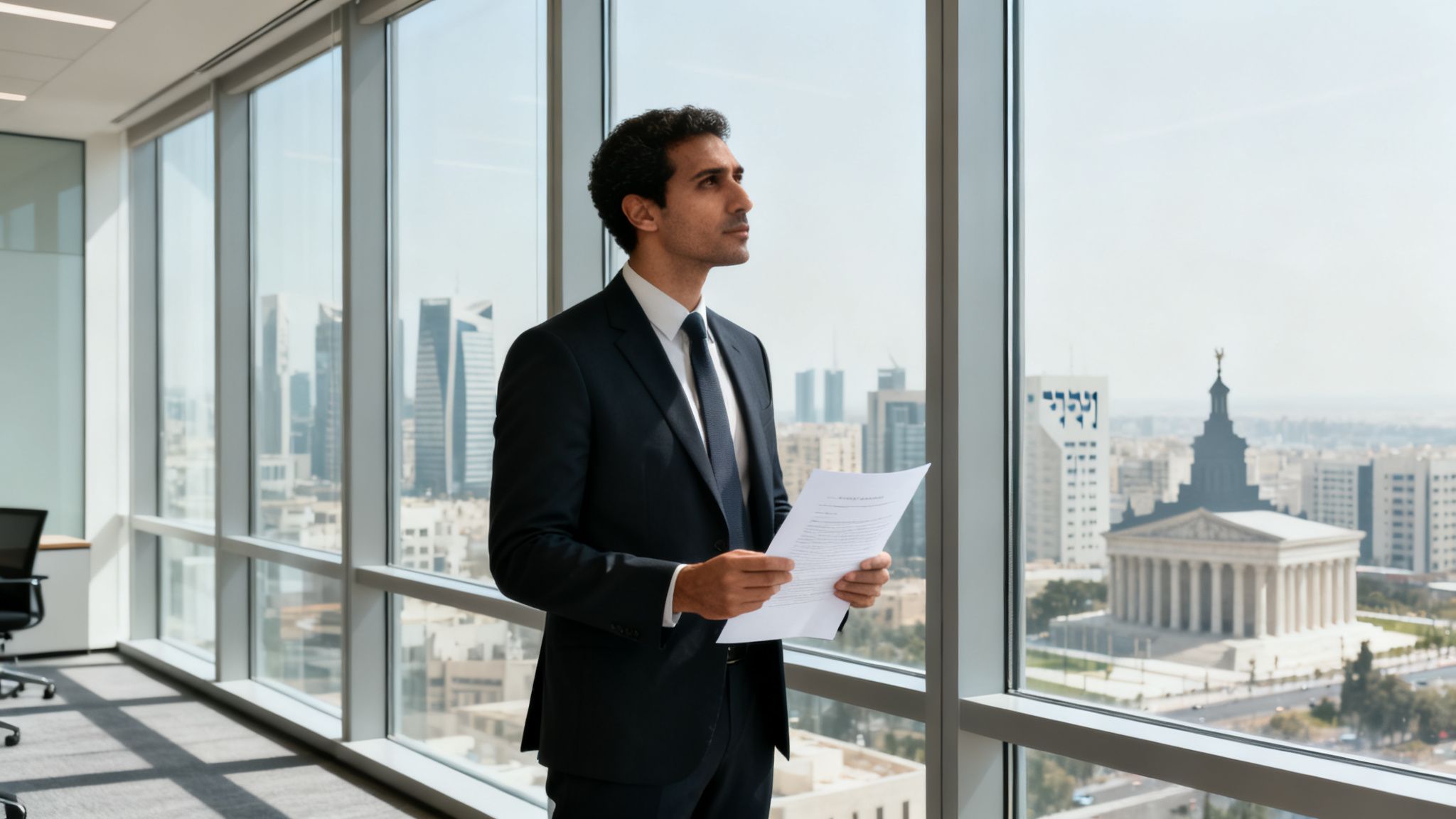Man in suit holds papers, gazing at a city skyline from a modern office.