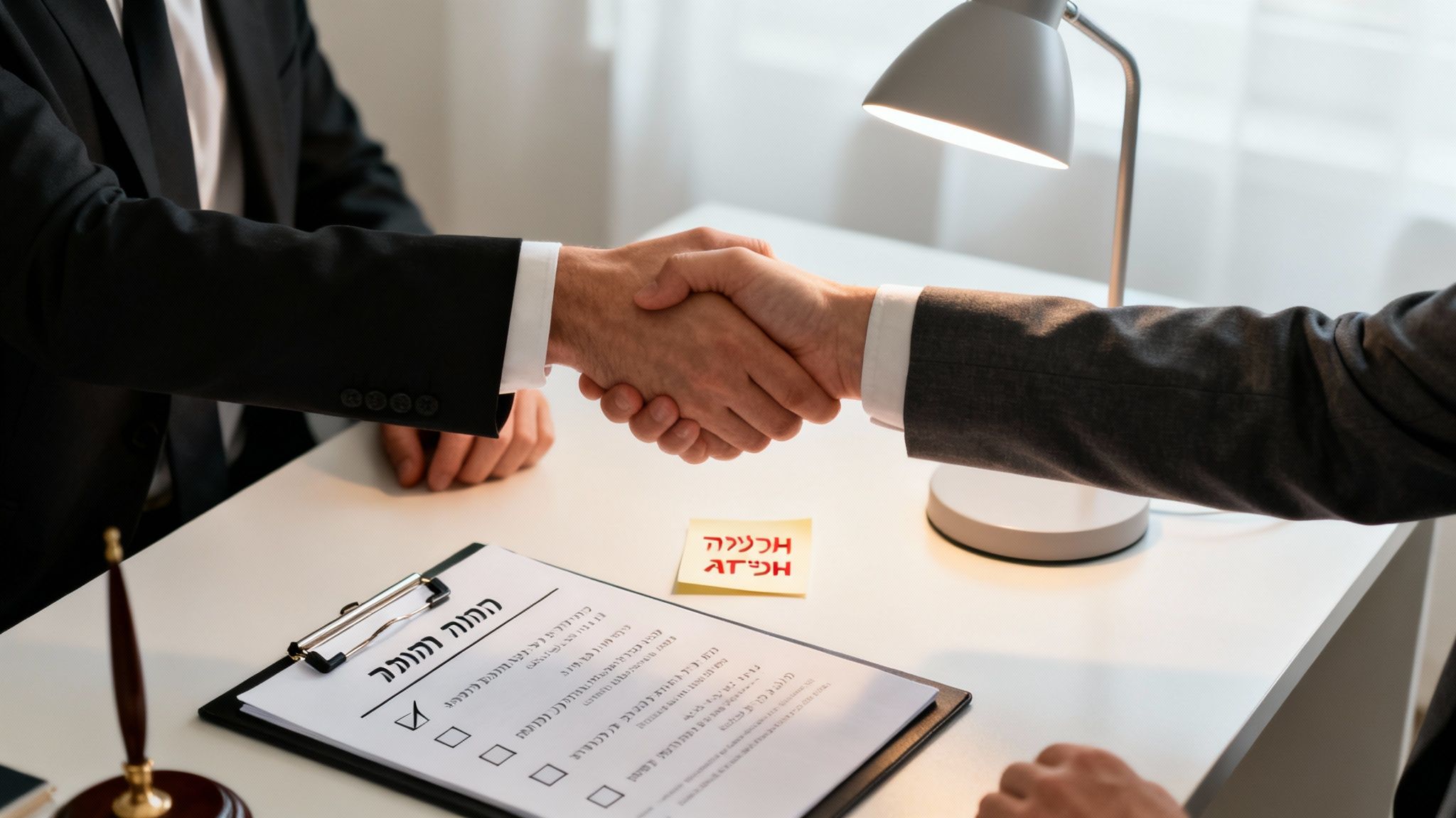 שני אנשי עסקים לוחצים ידיים על שולחן משרדי עם מסמכים, סמל להצלחה ושיתוף פעולה.