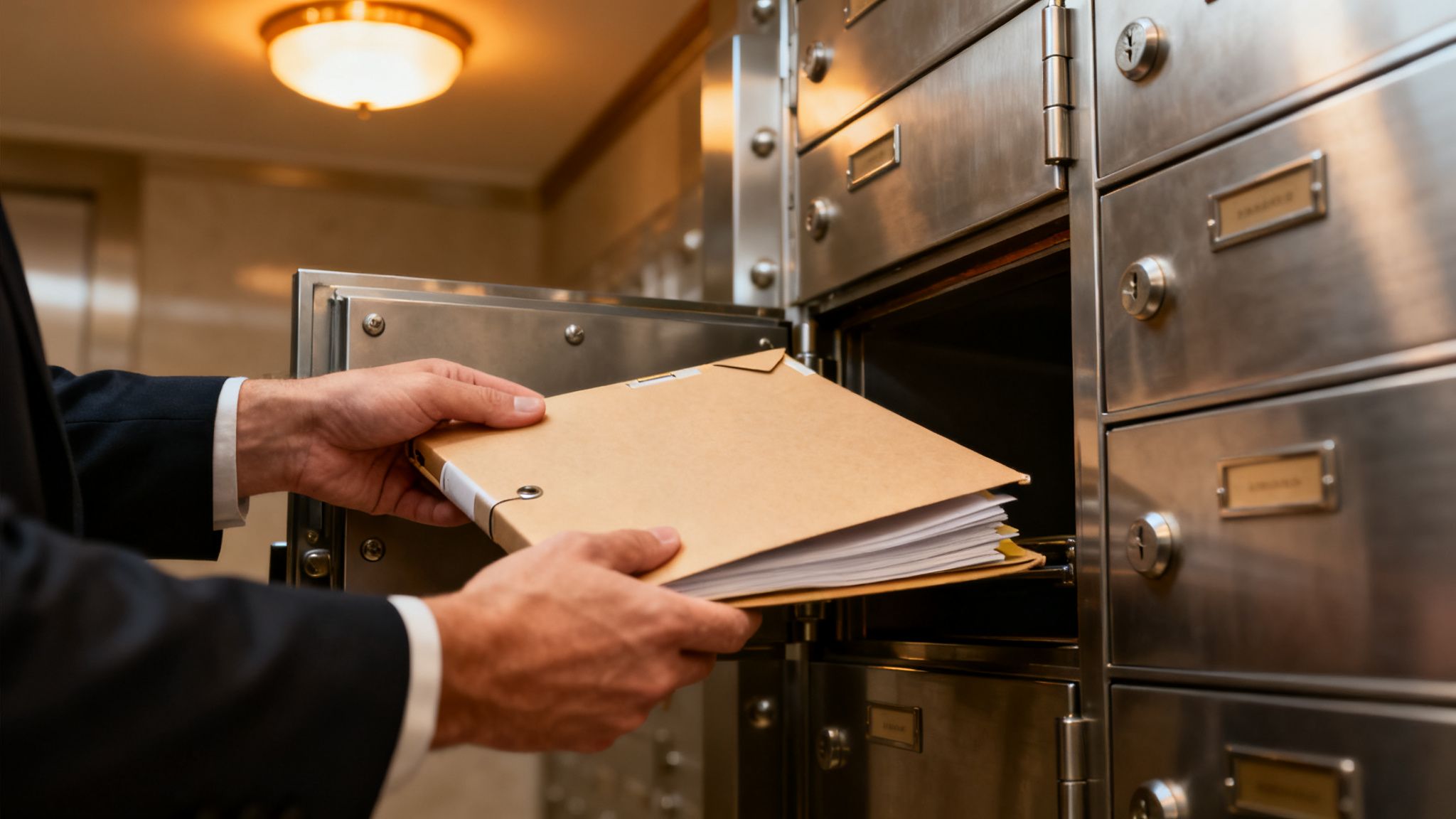 A person's hands place a brown folder with documents into an open safe deposit box.