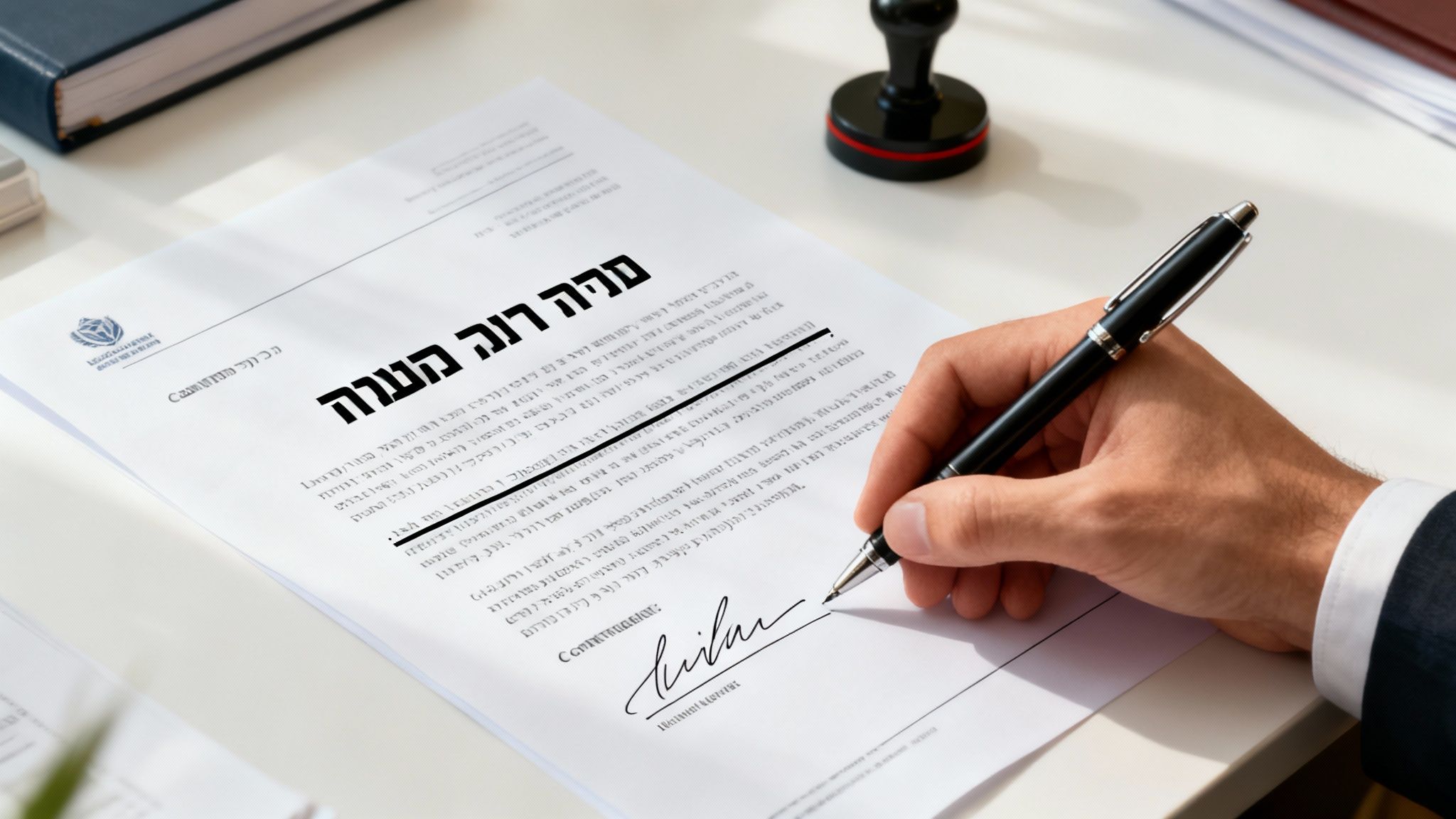 יד חותמת על מסמך רשמי עם עט שחור, לצד חותמת וטקסט בעברית על שולחן לבן.