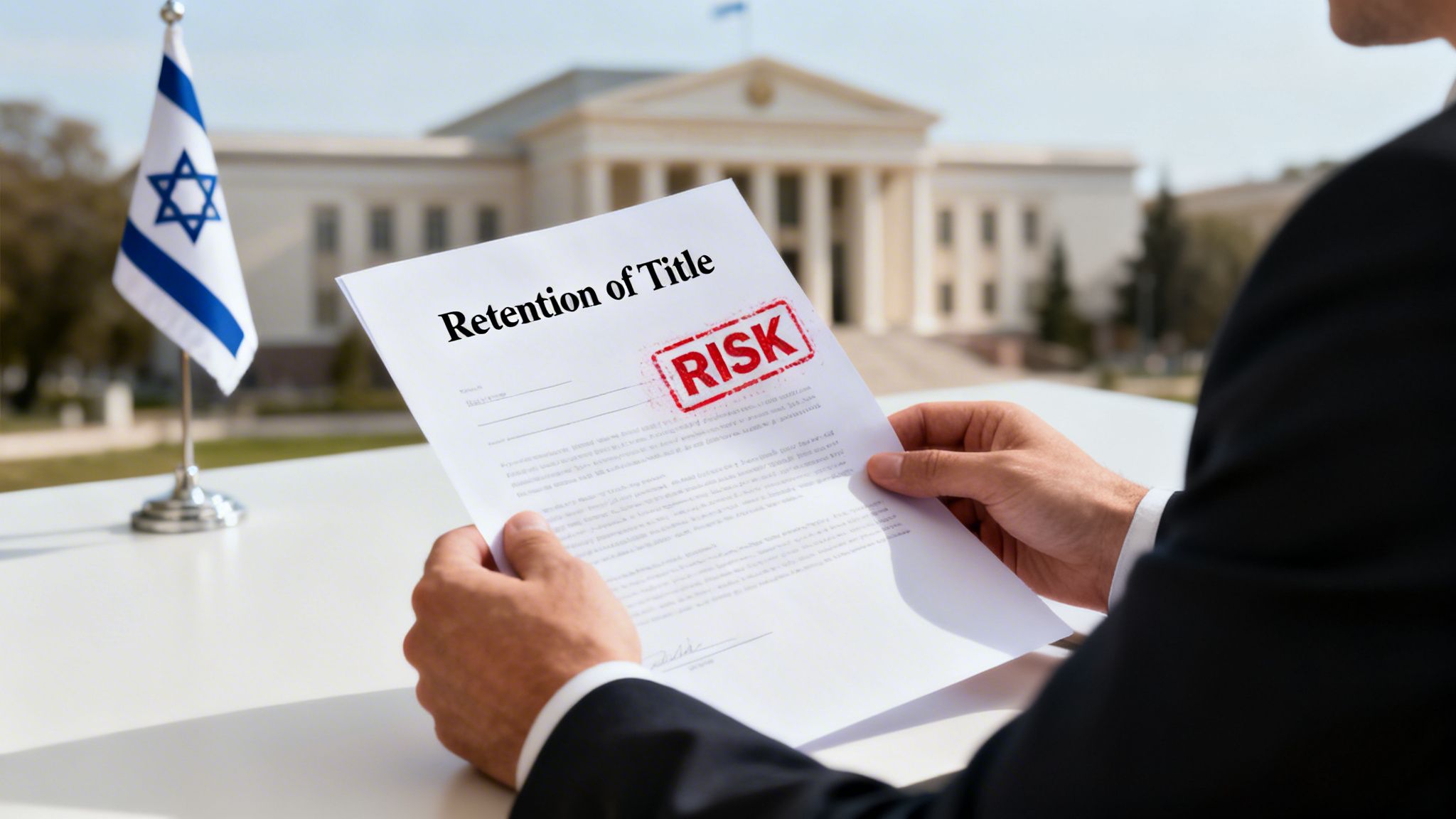 Man in suit holds 'Retention of Title' document with 'RISK' stamp, an Israeli flag and government building in background.