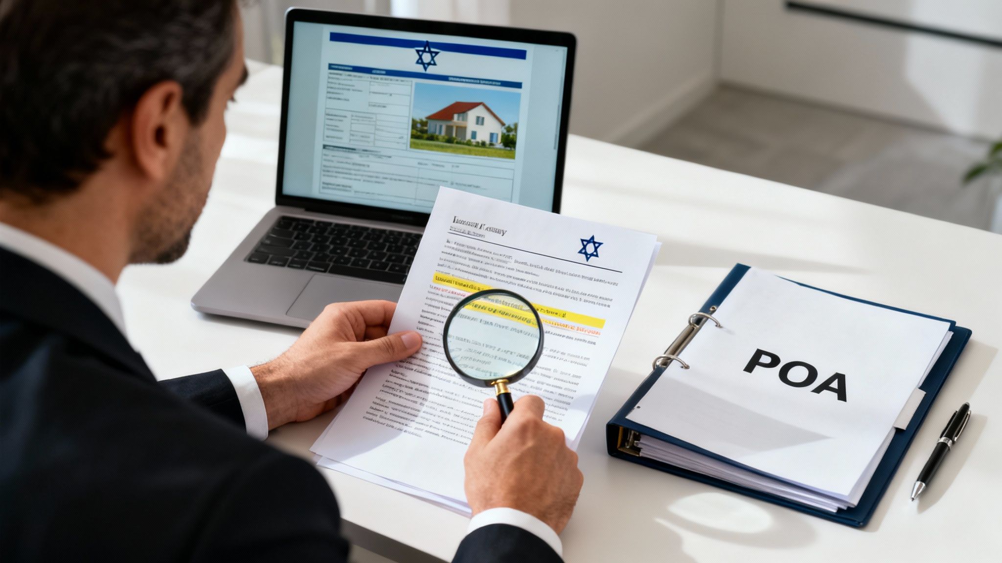 Man in suit reviews legal documents using a magnifying glass, laptop displays real estate.