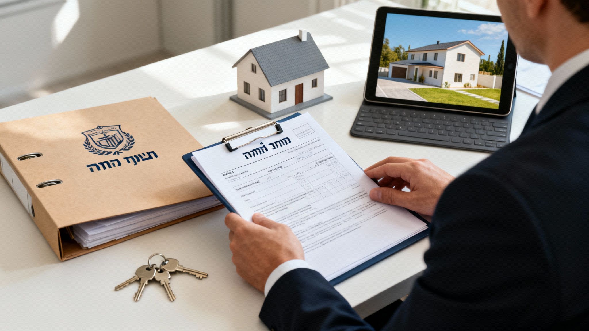 אדם בוחן מסמכי נדל"ן ליד דגם בית, טאבלט עם תמונת בית ומפתחות, מייצג עסקת מקרקעין.