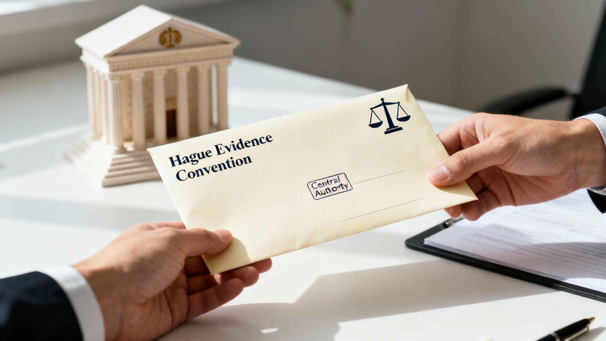 Two hands exchanging a legal envelope marked 'Hague Evidence Convention' and 'Central Authority', with a courthouse model in the background.