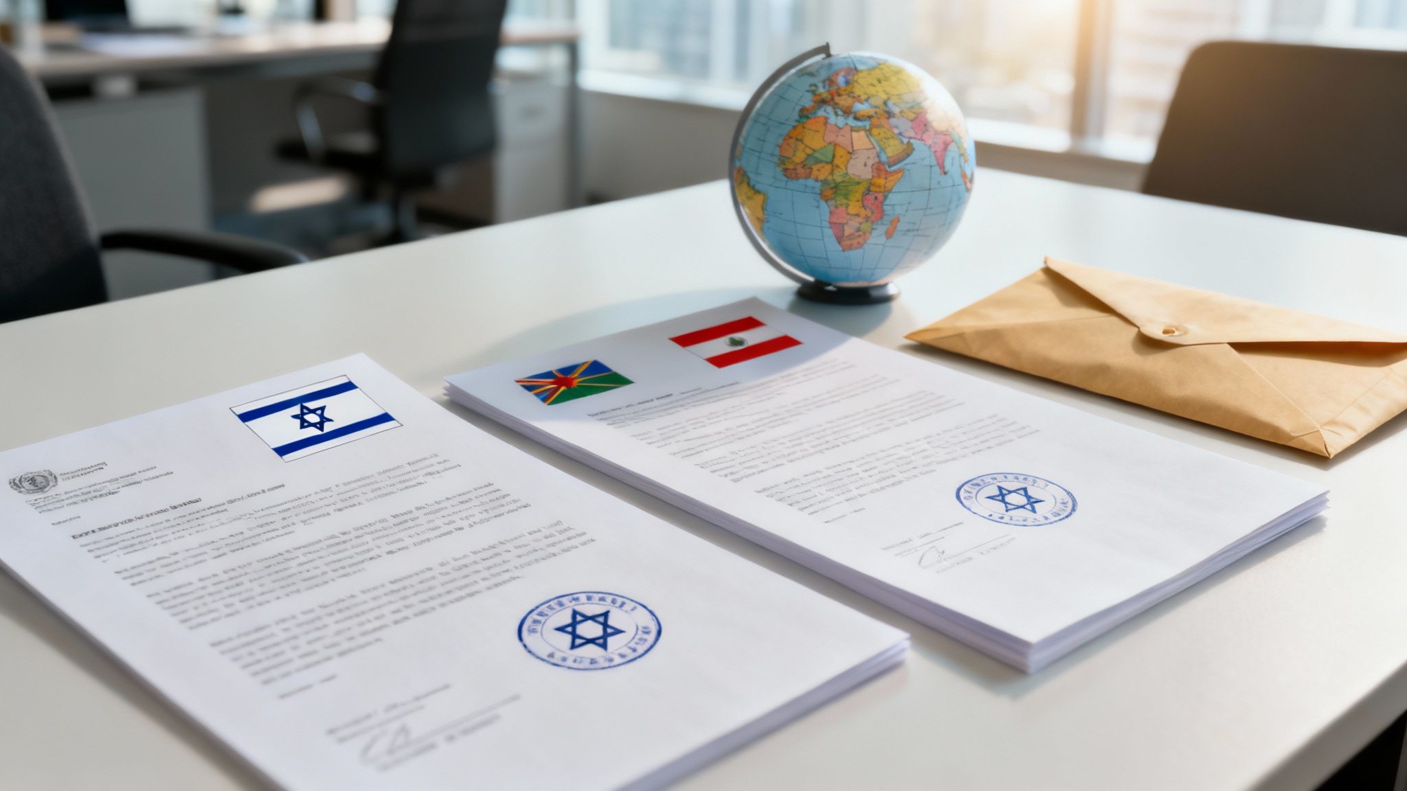 מסמכים משפטיים עם חותמות ודגלי ישראל ואוסטריה על שולחן משרדי עם גלובוס ומעטפה