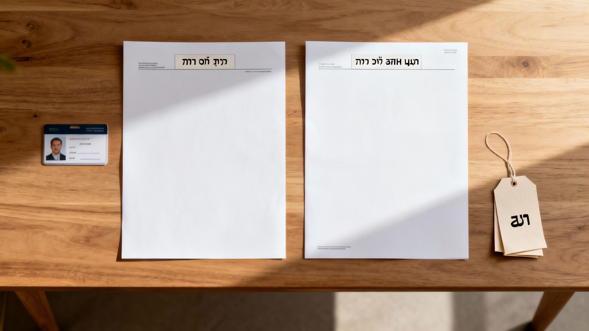 שני מסמכים לבנים עם כיתוב בעברית, תעודת זהות ותגיות על שולחן עץ.