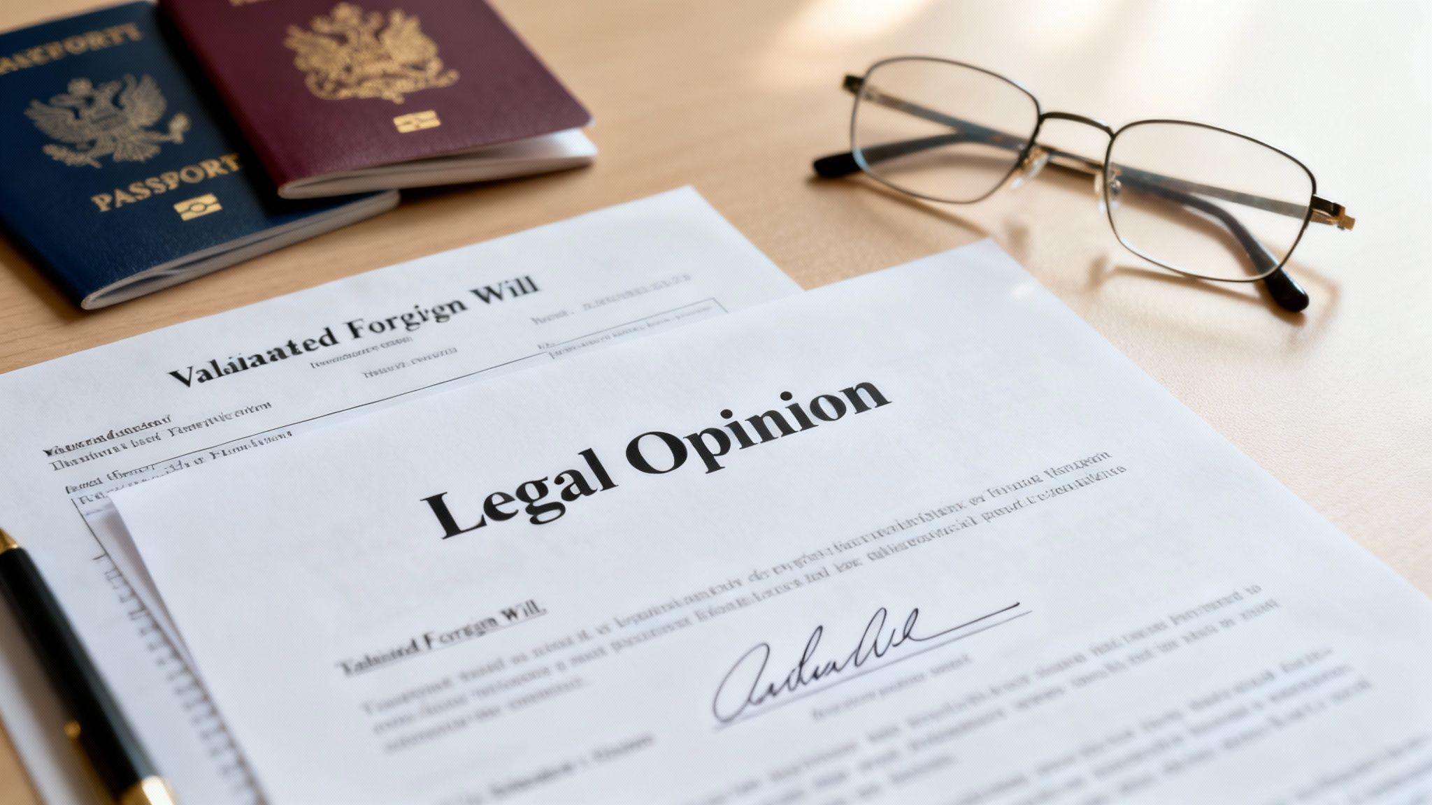 Legal documents titled 'Legal Opinion' and 'Valaiiaated Forgign Will' on a desk with passports and glasses.