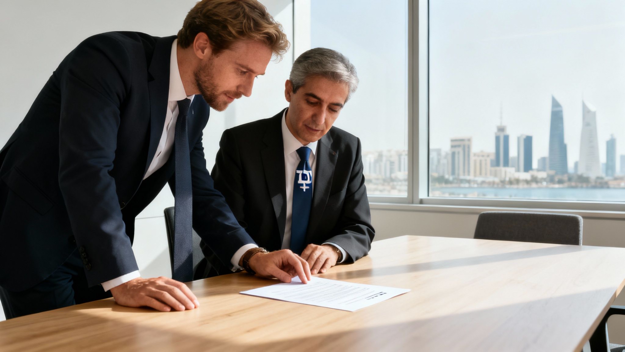 Two businessmen review a document in a modern office with a city skyline view.
