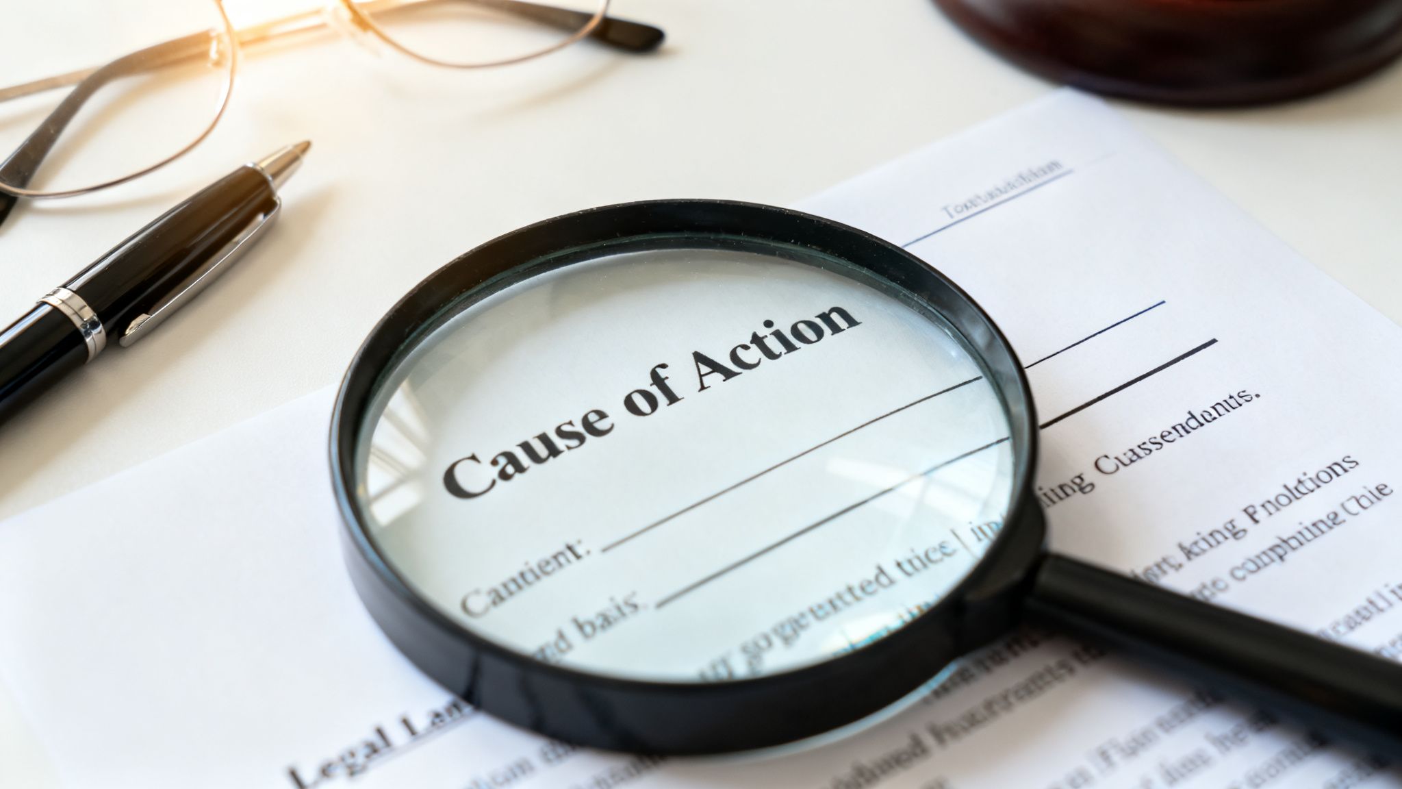 A magnifying glass highlights the legal term 'Cause of Action' on a document, with a pen and glasses.