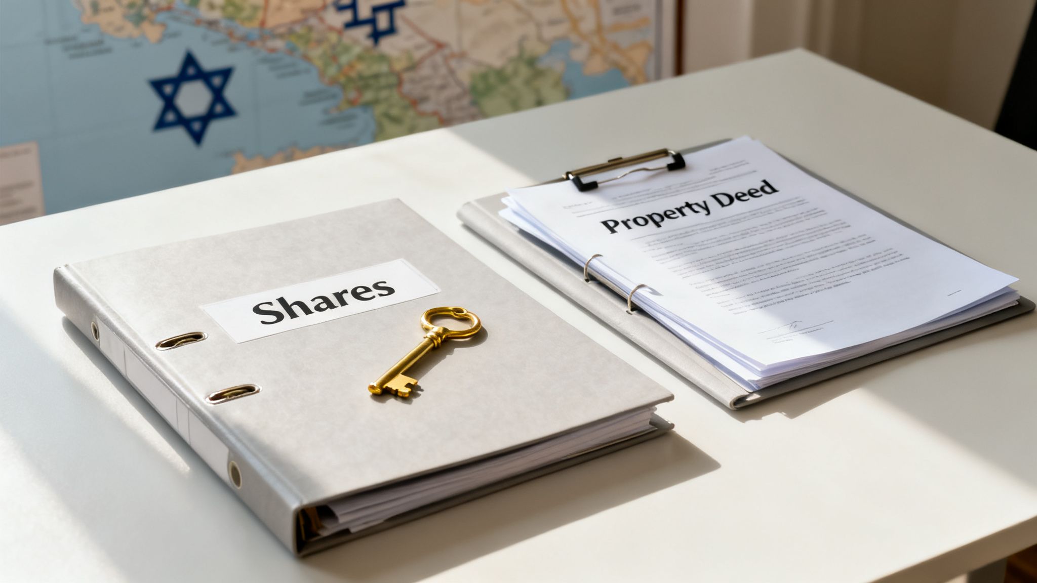 A binder labeled 'Shares,' a golden key, and a 'Property Deed' document on a desk, with a map in the background.