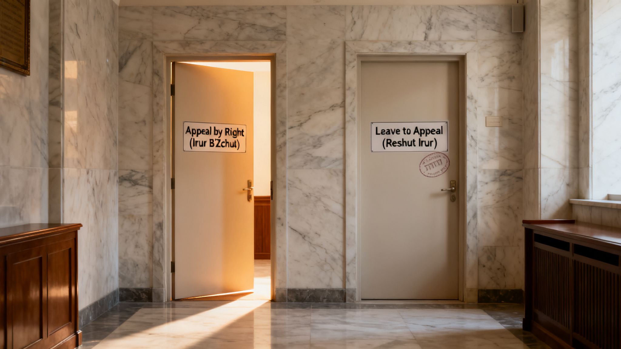 A bright, marbled hallway with two legal appeal doors: 'Appeal by Right' and 'Leave to Appeal'.