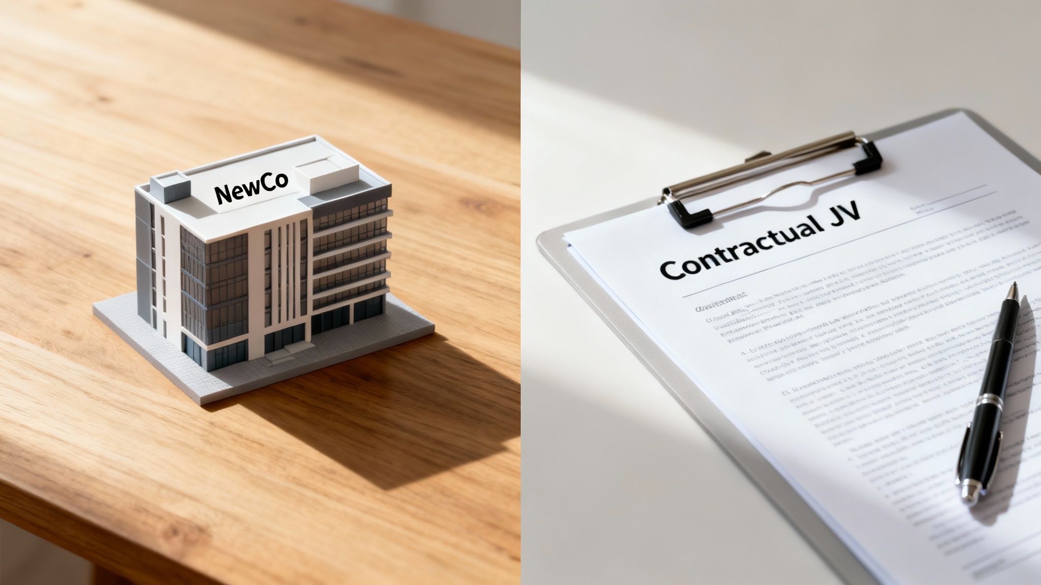 A 'NewCo' building model next to a 'Contractual JV' document on a clipboard with a pen.