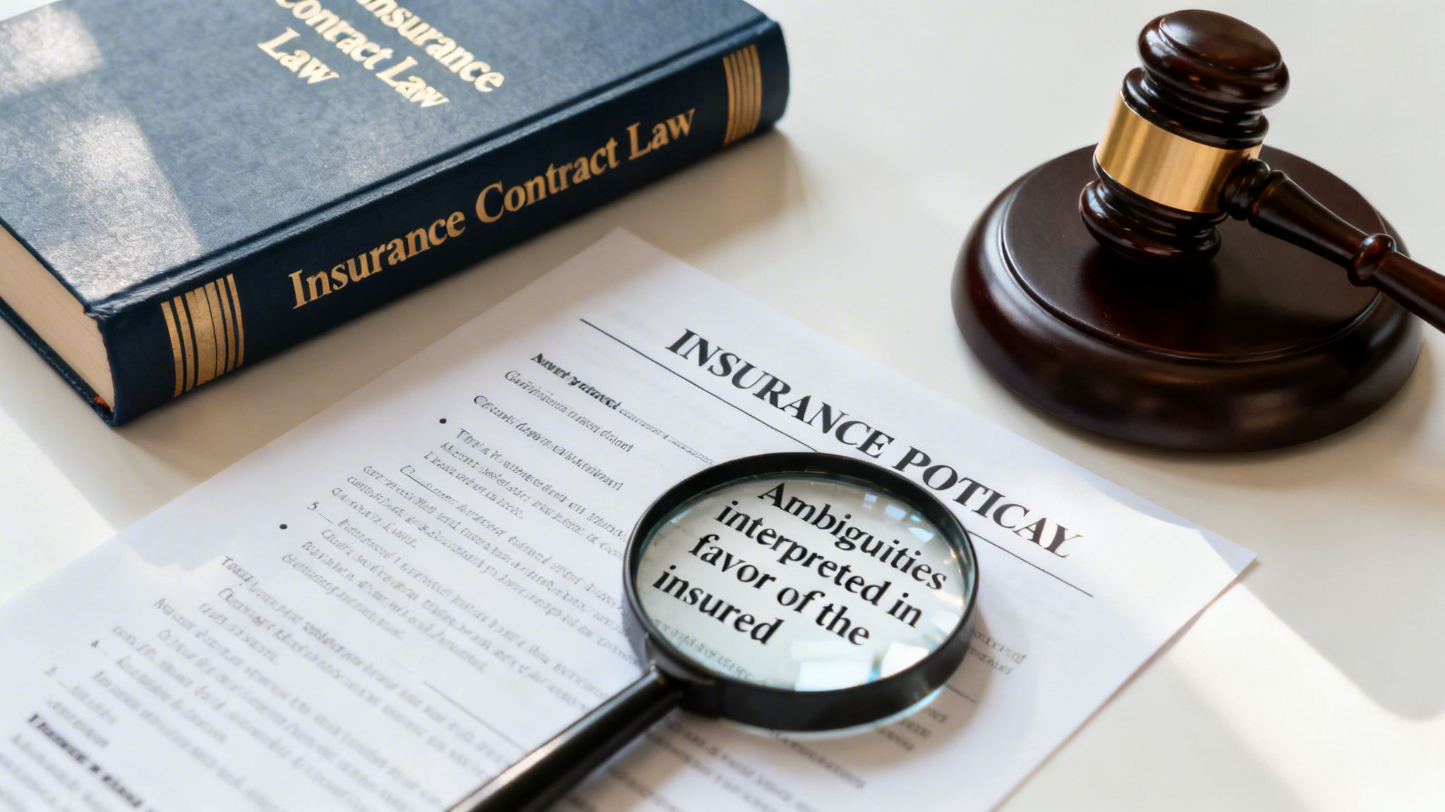 A magnifying glass over an insurance policy, next to a law book and a judge's gavel.