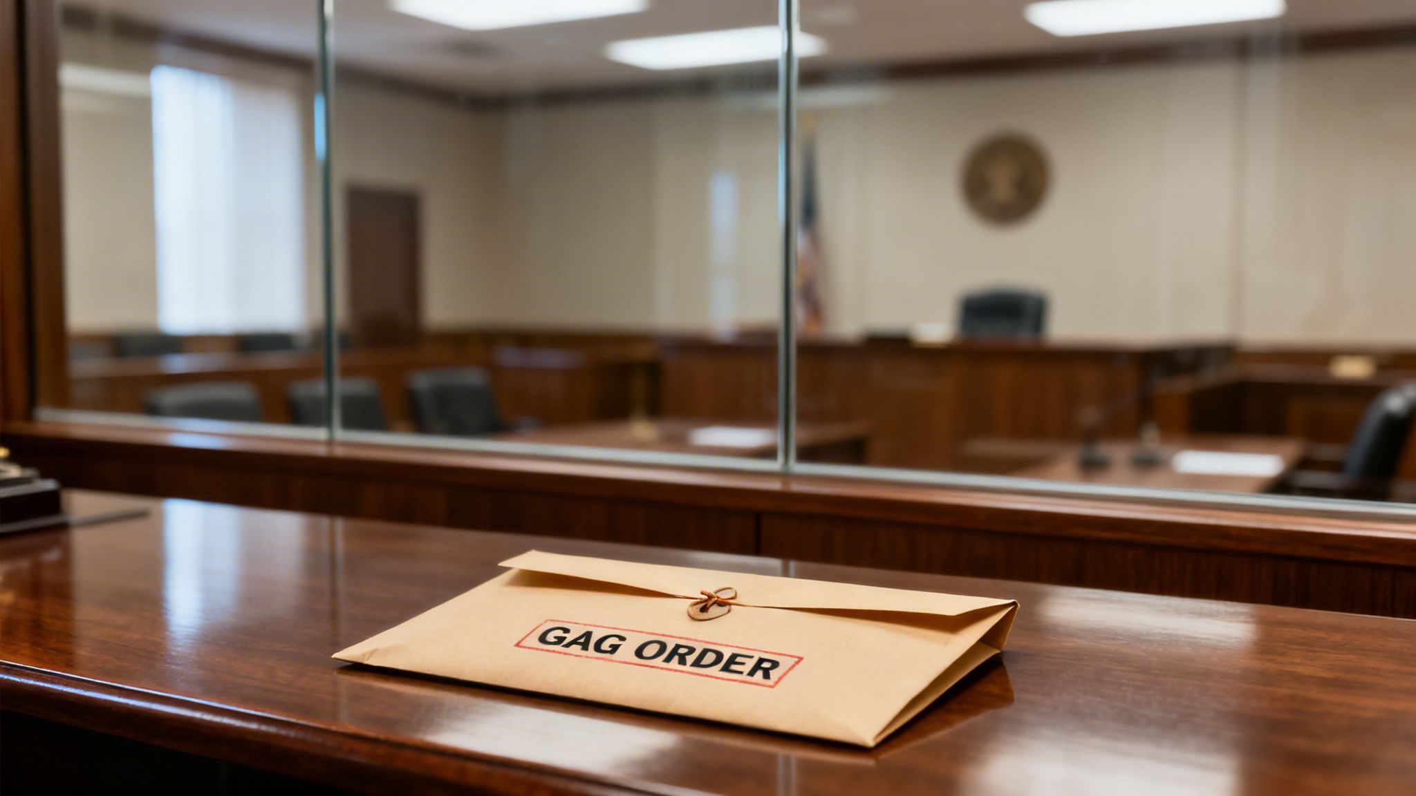 A 'Gag Order' envelope rests on a polished wooden desk, with a blurred courtroom visible through glass.