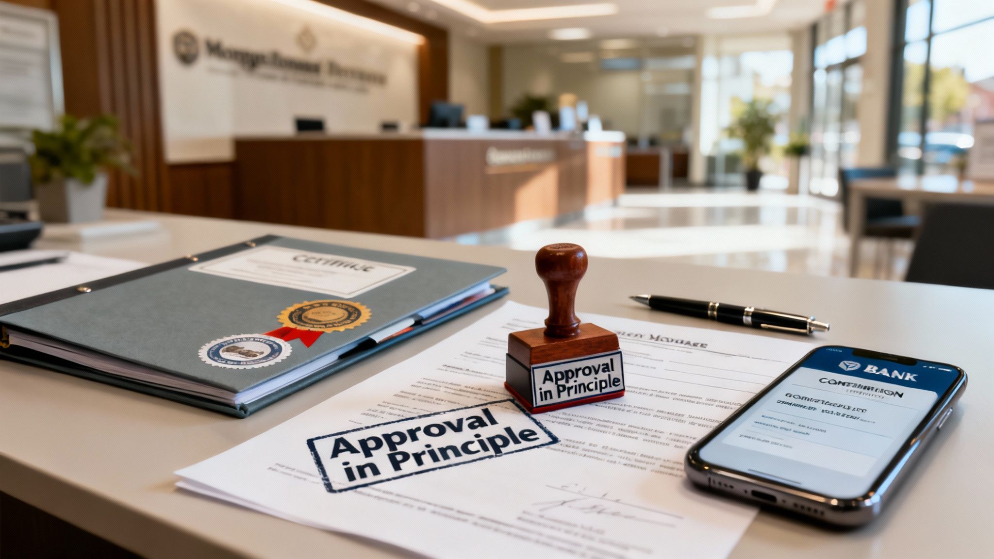 Financial documents with an 'Approval in Principle' stamp and a banking app on a desk.