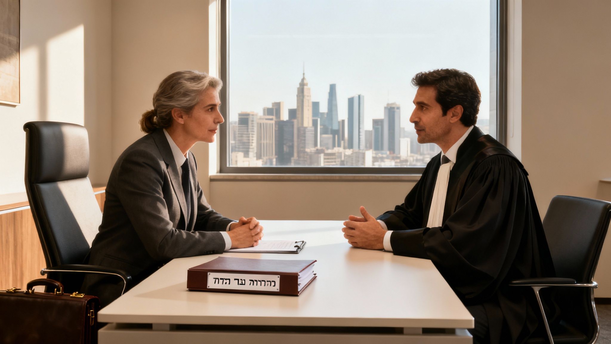 שני עורכי דין יושבים במשרד מול חלון פנורמי המשקיף על קו הרקיע של העיר.