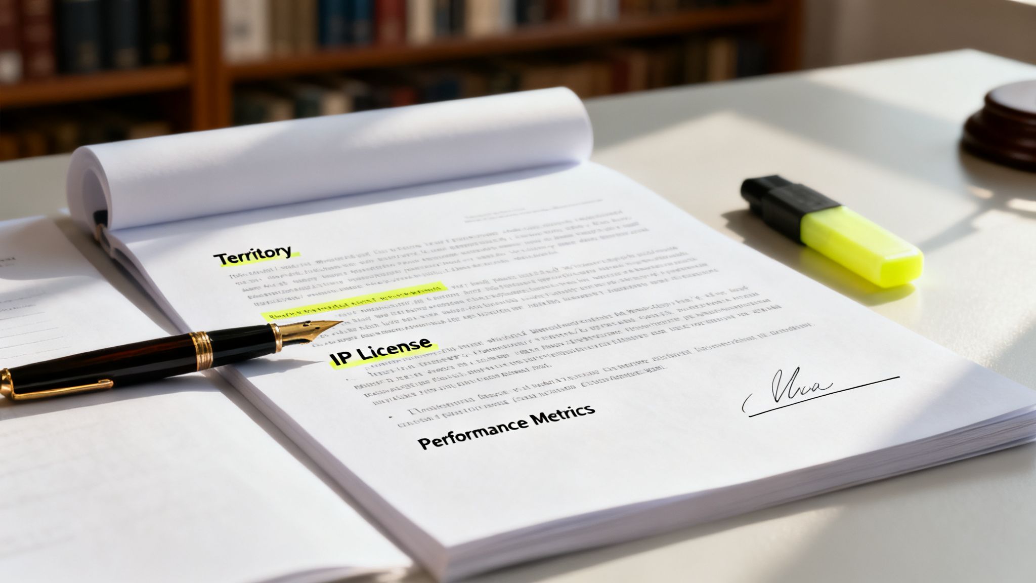 A contract document open on a desk with a fountain pen and highlighter, showing terms like 'Territory' and 'IP License' with a signature.