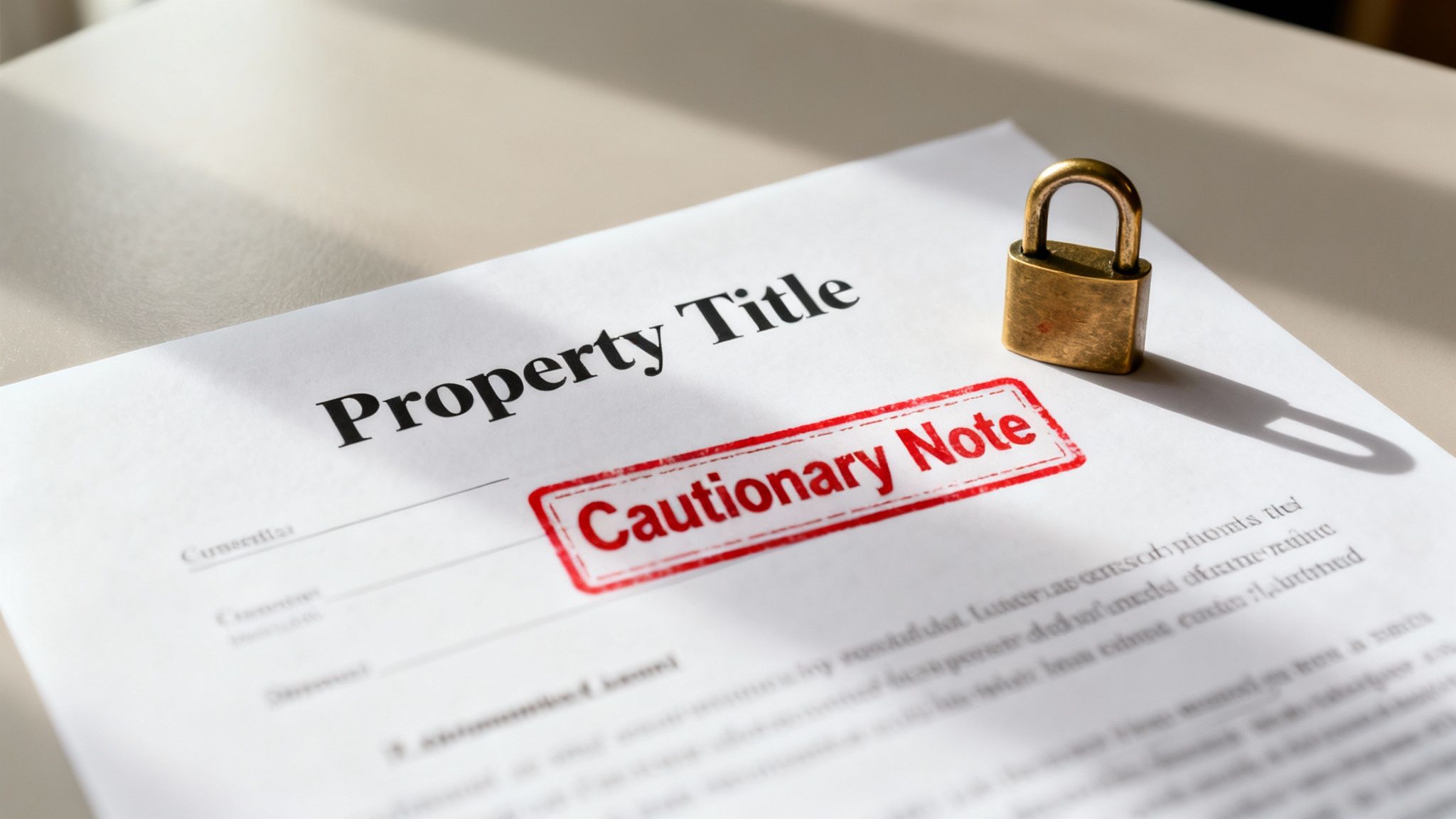 A Property Title document with a 'Cautionary Note' stamp and a padlock, symbolizing legal protection.