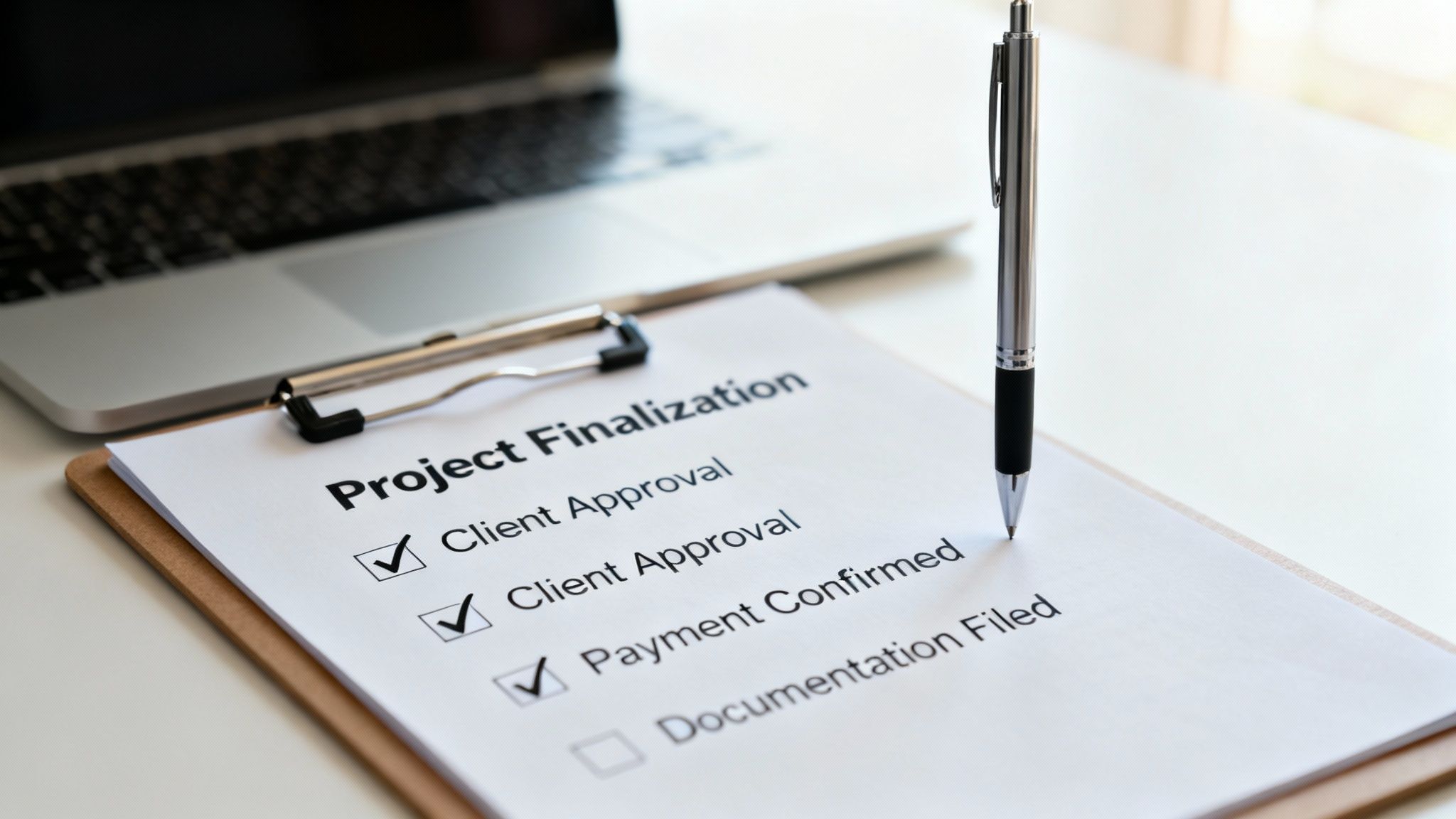 מסמכים משפטיים ועט, המסמלים את התהליך המסודר והחוקי של סיום העסקה